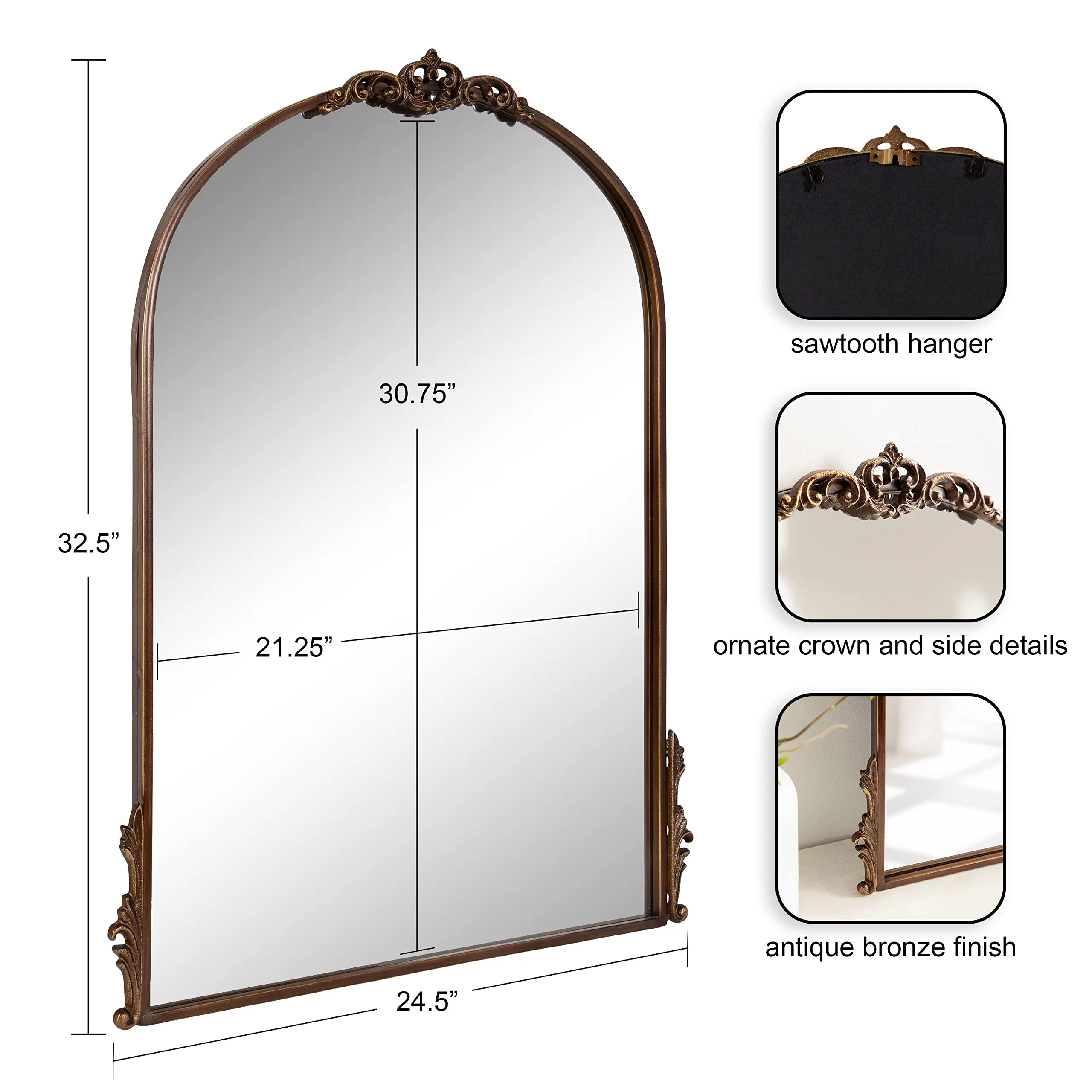 Kate and Laurel Myrcelle Traditional Arched Mirror, 25 x 33, Gold, Decorative Large Arch Mirror with Ornate Garland Detailing Along The Crown and Edges of The Frame
