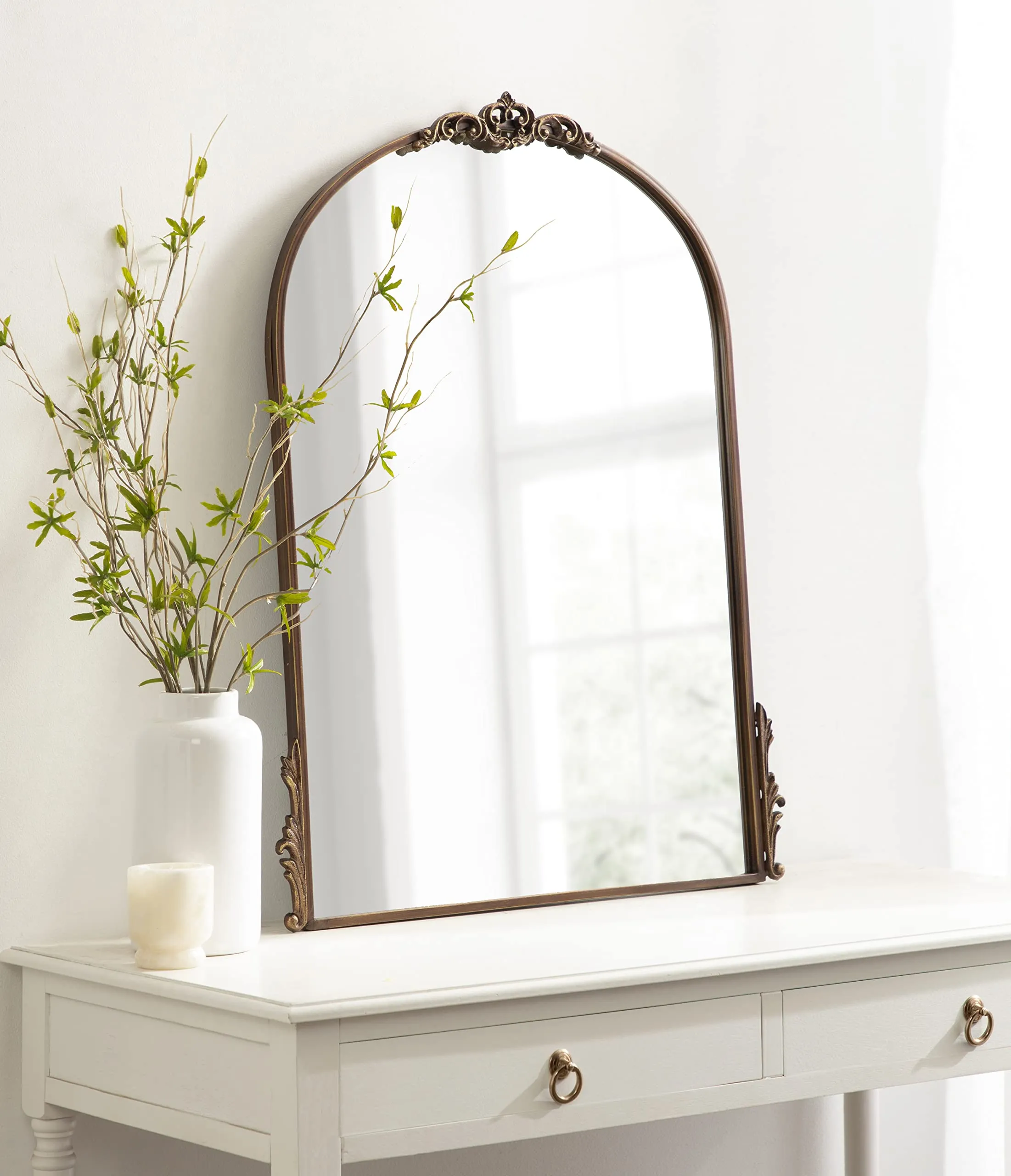 Kate and Laurel Myrcelle Traditional Arched Mirror, 25 x 33, Gold, Decorative Large Arch Mirror with Ornate Garland Detailing Along The Crown and Edges of The Frame