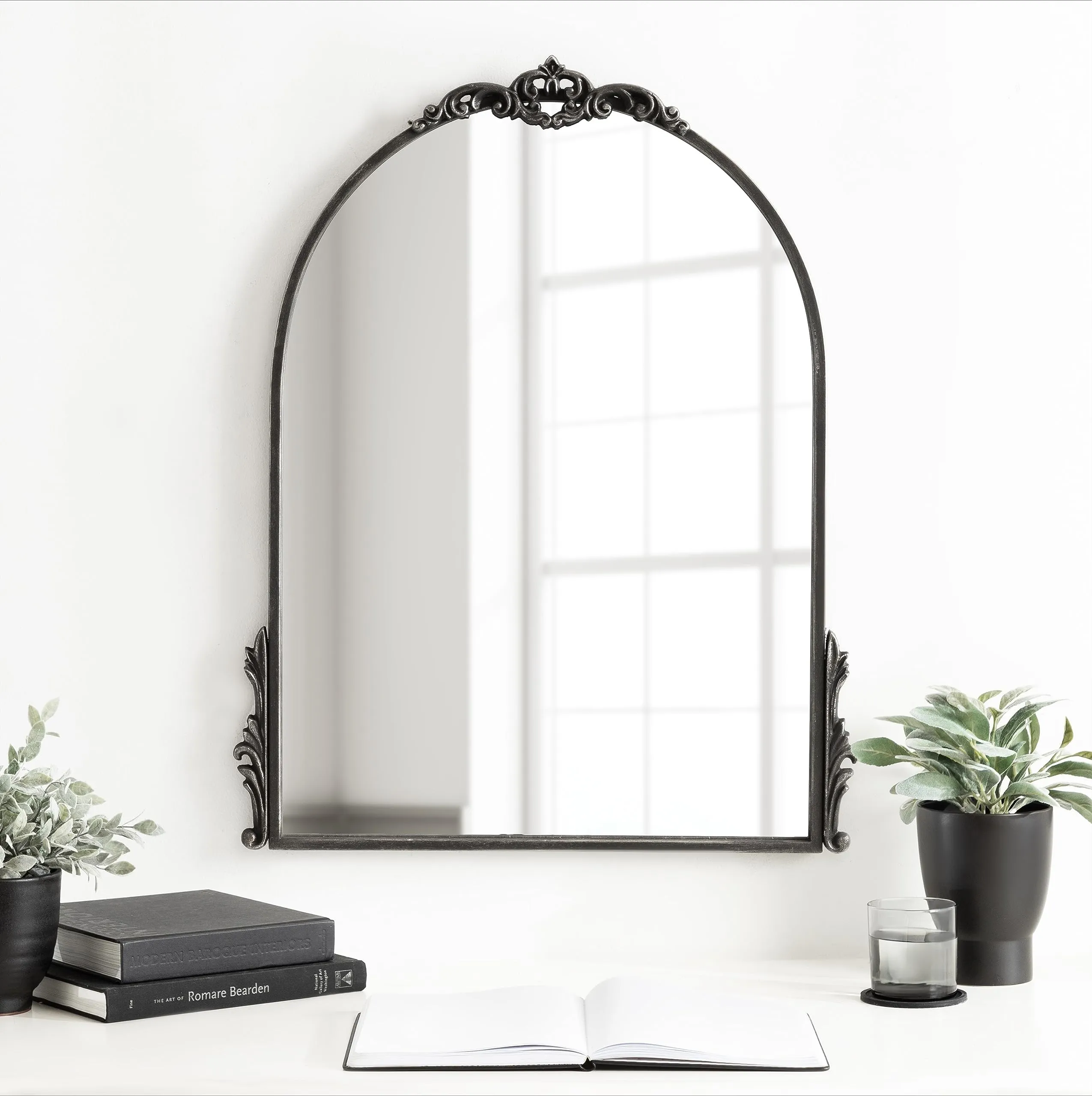 Kate and Laurel Myrcelle Traditional Arched Mirror, 25 x 33, Gold, Decorative Large Arch Mirror with Ornate Garland Detailing Along The Crown and Edges of The Frame