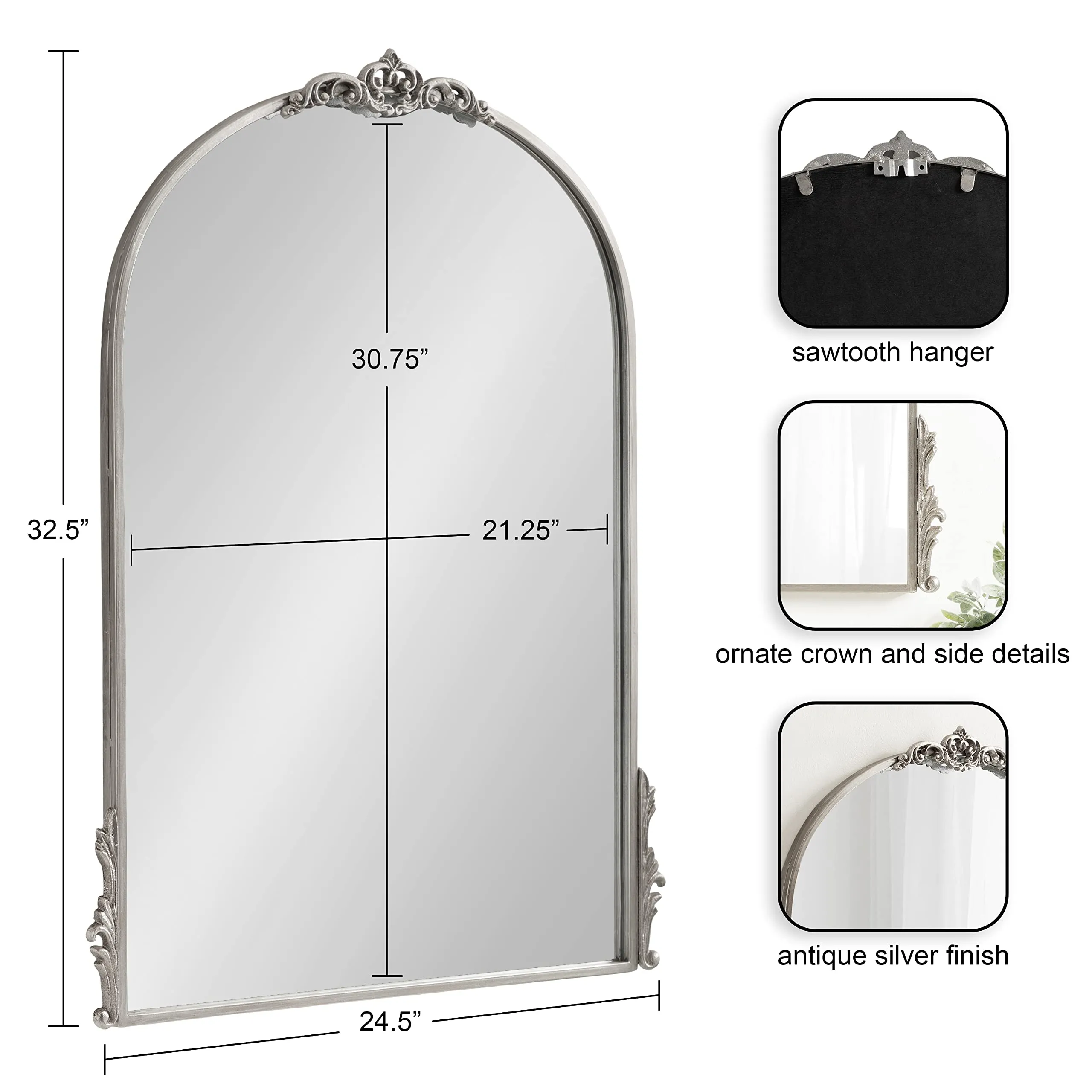 Kate and Laurel Myrcelle Traditional Arched Mirror, 25 x 33, Gold, Decorative Large Arch Mirror with Ornate Garland Detailing Along The Crown and Edges of The Frame