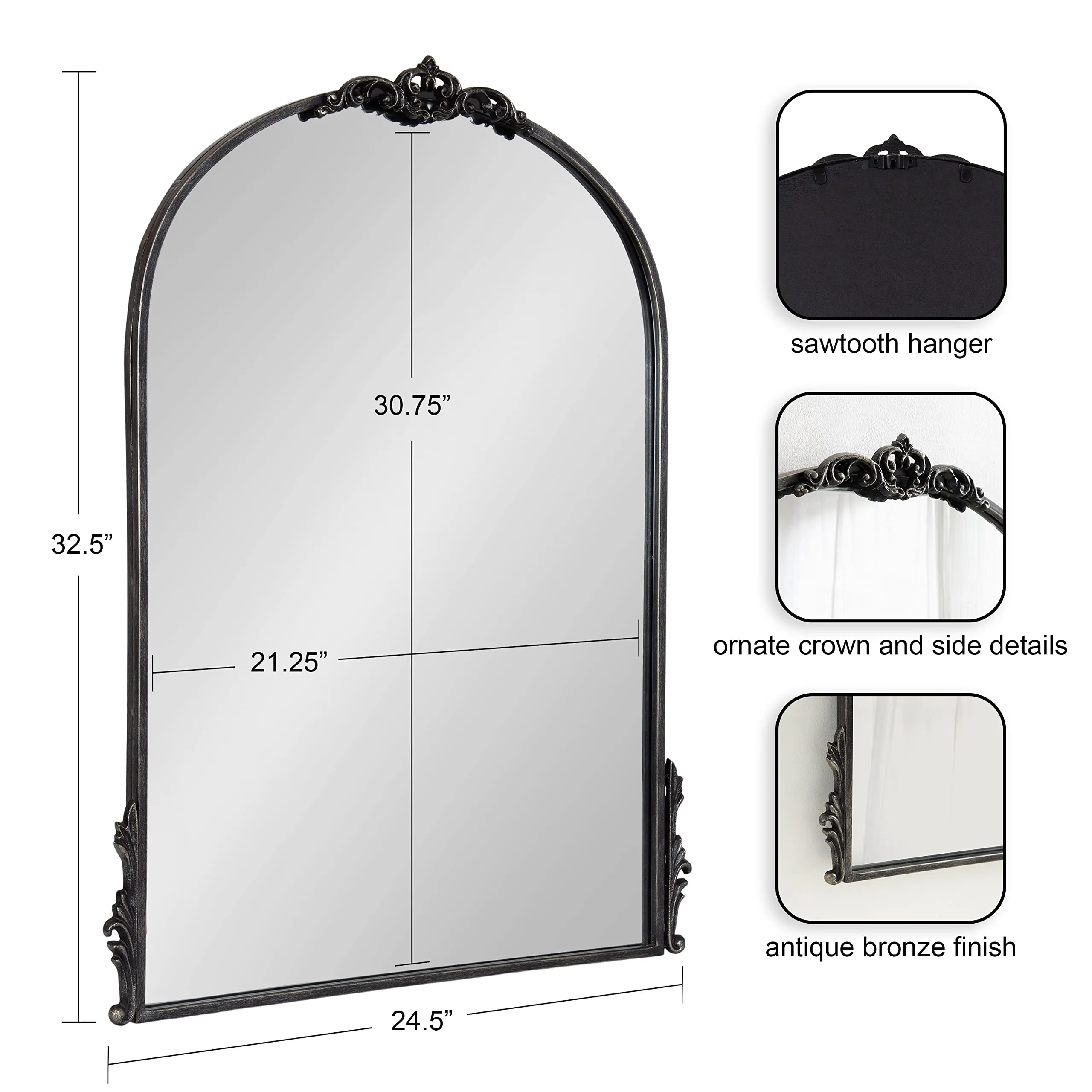Kate and Laurel Myrcelle Traditional Arched Mirror, 25 x 33, Gold, Decorative Large Arch Mirror with Ornate Garland Detailing Along The Crown and Edges of The Frame