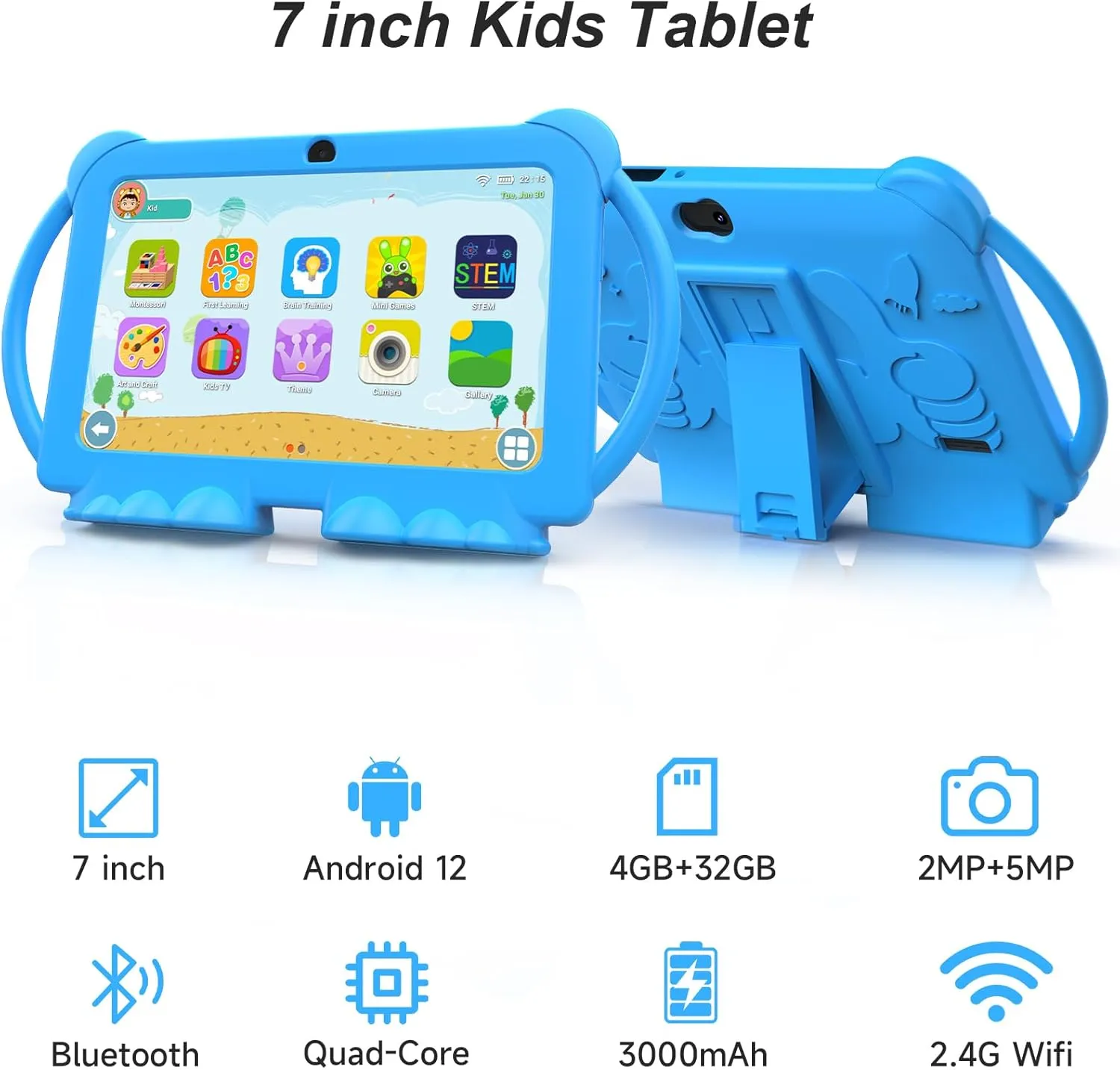 Kids' 7" Android 12 Tablet, 4GB RAM, 32GB ROM, 1TB Expandable, Toddler Tablet with Parental Control, IPS Screen, Dual Camera, Educational Games, Shockproof Case for Boys/Girls (Blue)