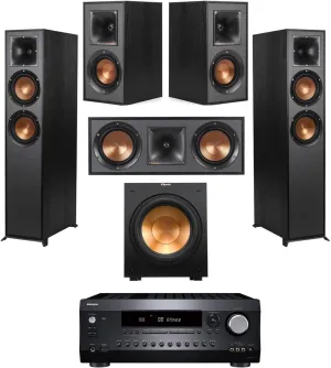 Klipsch Reference 5.2 Home Theater System, Bundle w/ 2X R-26FA Floorstanding Speaker, R-25C Center Speaker, R-41M Bookshelf, R-12SW Subwoofer & Integra DRX 3.4 100W 9.2-Channel 8K