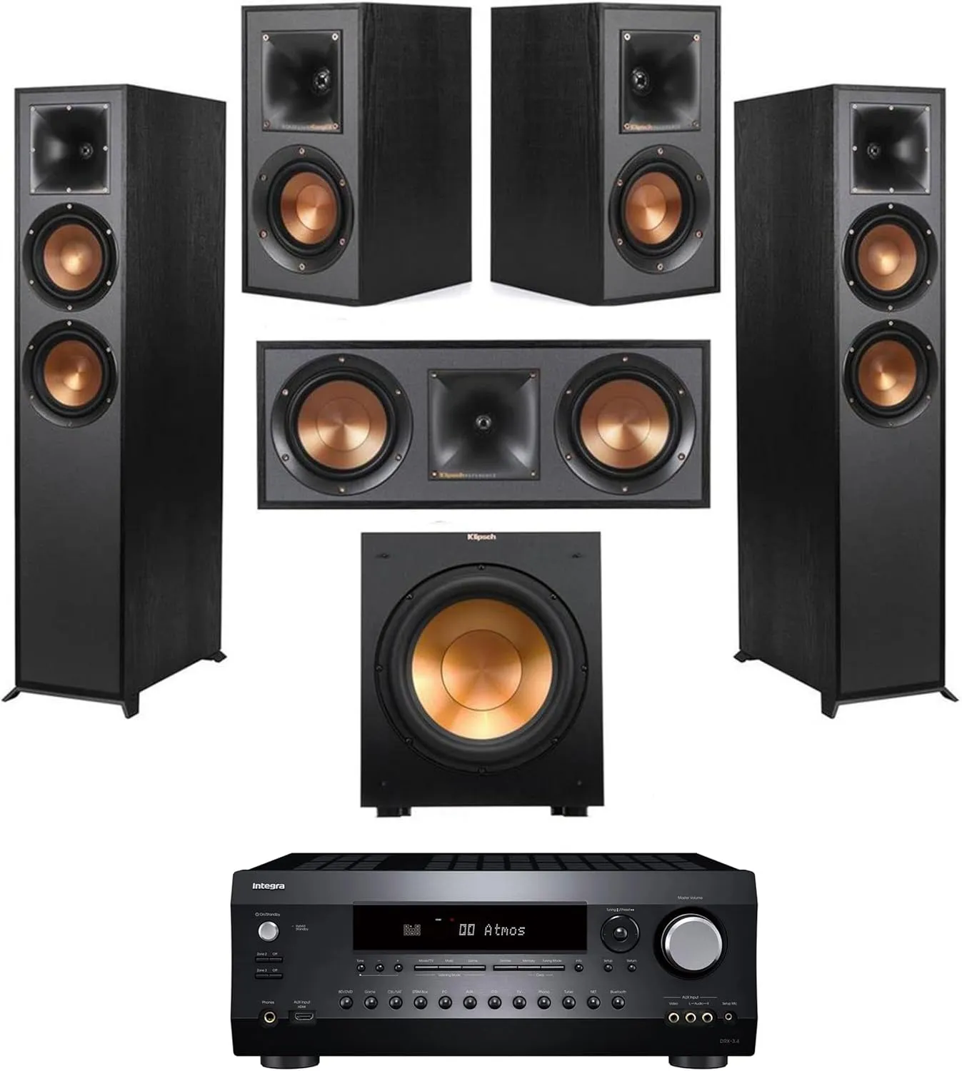 Klipsch Reference 5.2 Home Theater System, Bundle w/ 2X R-26FA Floorstanding Speaker, R-25C Center Speaker, R-41M Bookshelf, R-12SW Subwoofer & Integra DRX 3.4 100W 9.2-Channel 8K
