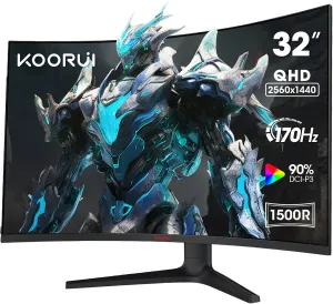 KOORUI 32 inch Curved Gaming Monitor - QHD (2560 x 1440) 2K Display, 170Hz 144Hz Monitor, 1500R Curvature, 1ms, HDR10, Adaptive Sync, Tilt Adjustable, DisplayPort HDMI, Black - 32E6QC