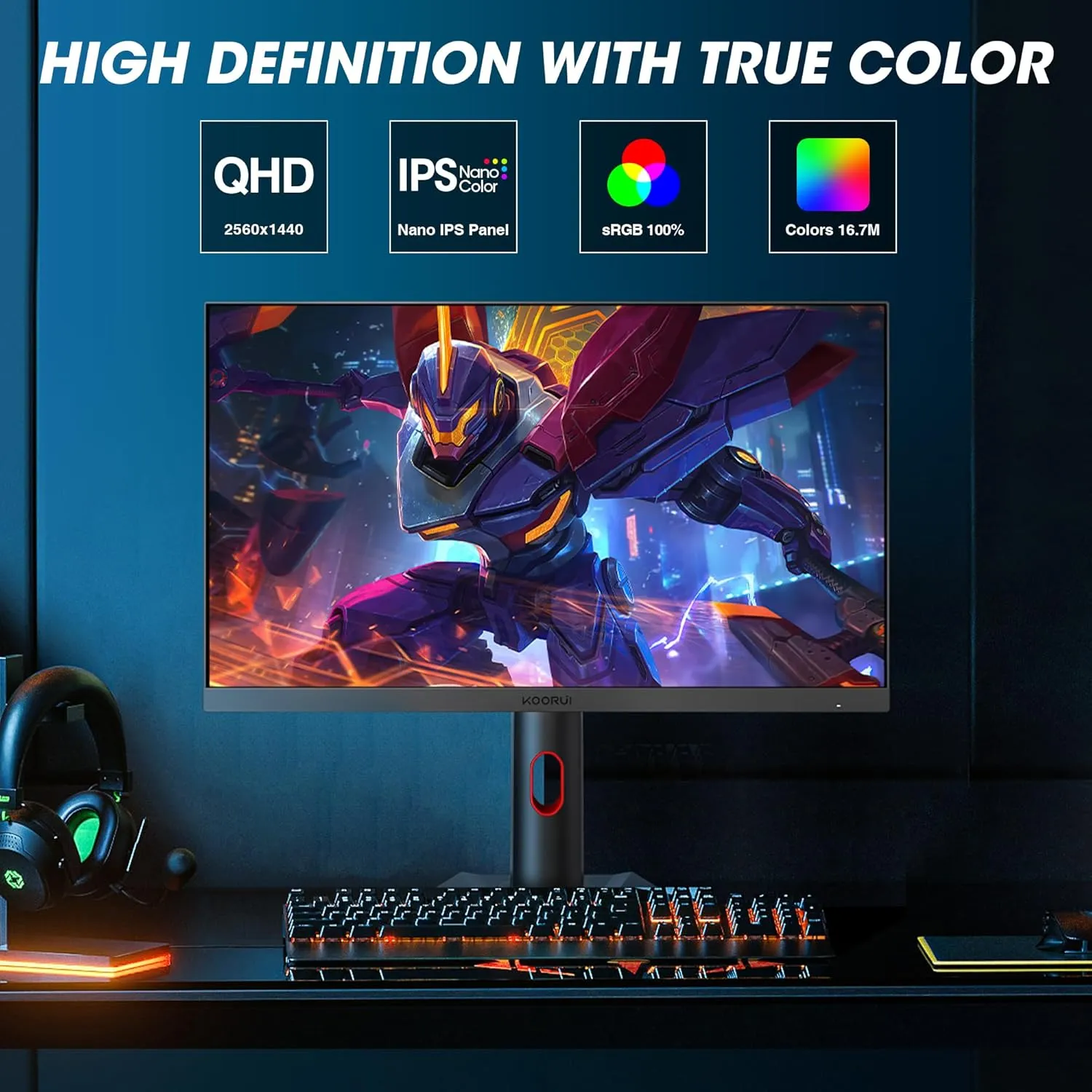 KOORUI Gaming Monitor, QHD 24" Nano IPS Display, 1440P 165Hz Computer Monitor, 1ms 2K PC Screen, 100% sRGB, Adaptive Sync, Height/Tilt/Pivot Adjustment, HDMI, DisplayPort, GP01
