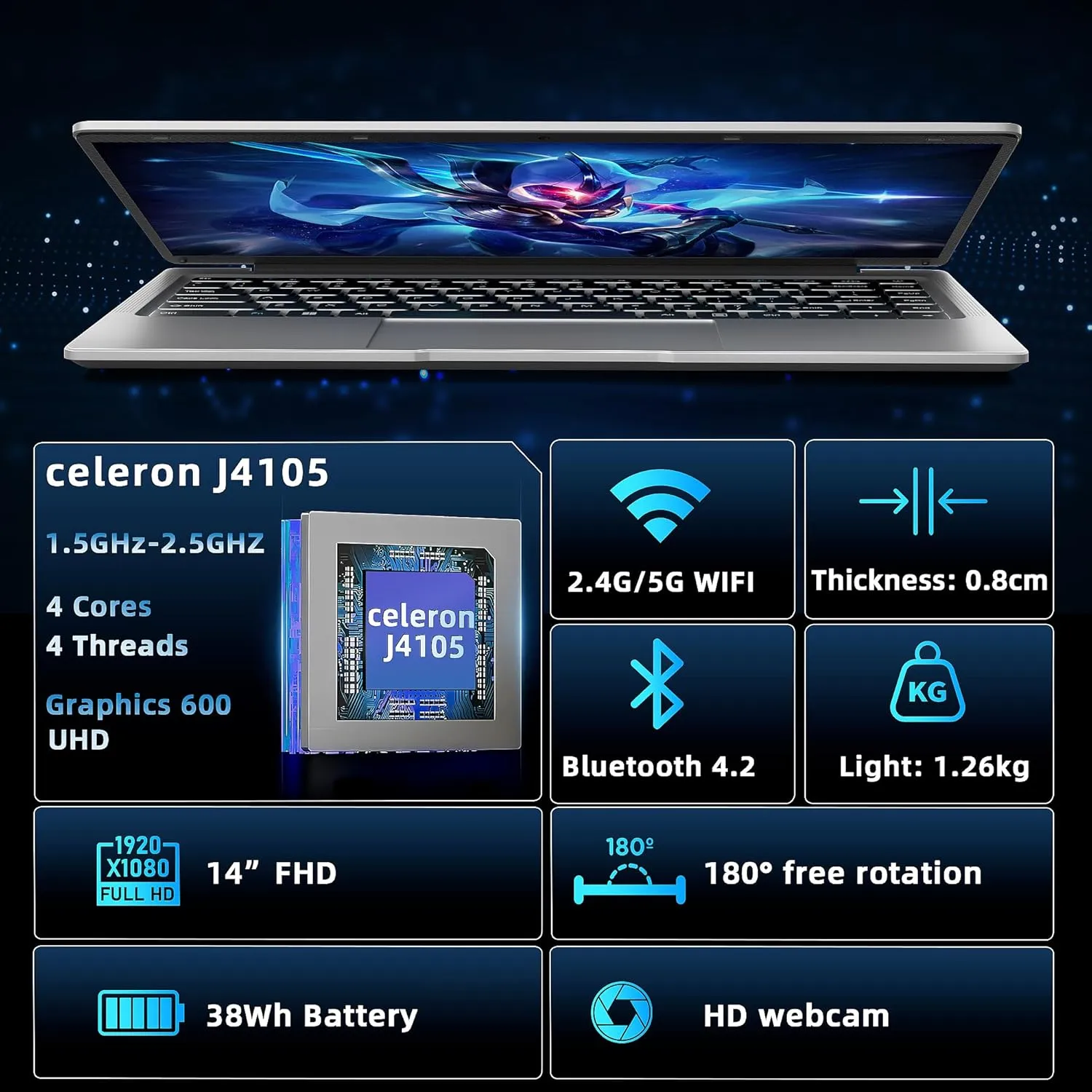 LaptopWin 11 Pro/Office 201914" HD Display Laptops,Celeron J4105,6G RAM,256G SSD, Ultra-Thin, Light, Webcam/BT/WiFi/Fingerprint, USB 3.0, HDMI,for Travel, Work, Study and Play (Silver, 6G 256G SSD)