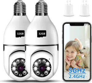 Light Bulb Security Camera, 2K Wireless Camera for Light Bulb Pet Camera, 360  PTZ Light Socket Security Camera with Motion Detection Auto Tracking (2Pack 5GHz & 2.4GHz with 32GB SD Card)