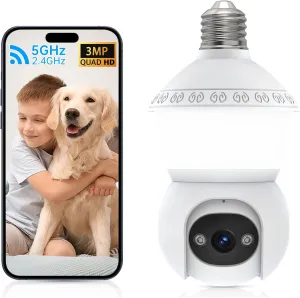 Light Bulb Security Camera Wireless Outdoor,5G& 2.4G WiFi Security Camera,3MP& 360 PTZ Bulb Camera,Smart Night Vision LED Bulb Cameras, AI Human Detection&Alarm, 2-Way Audio, Cloud Storage