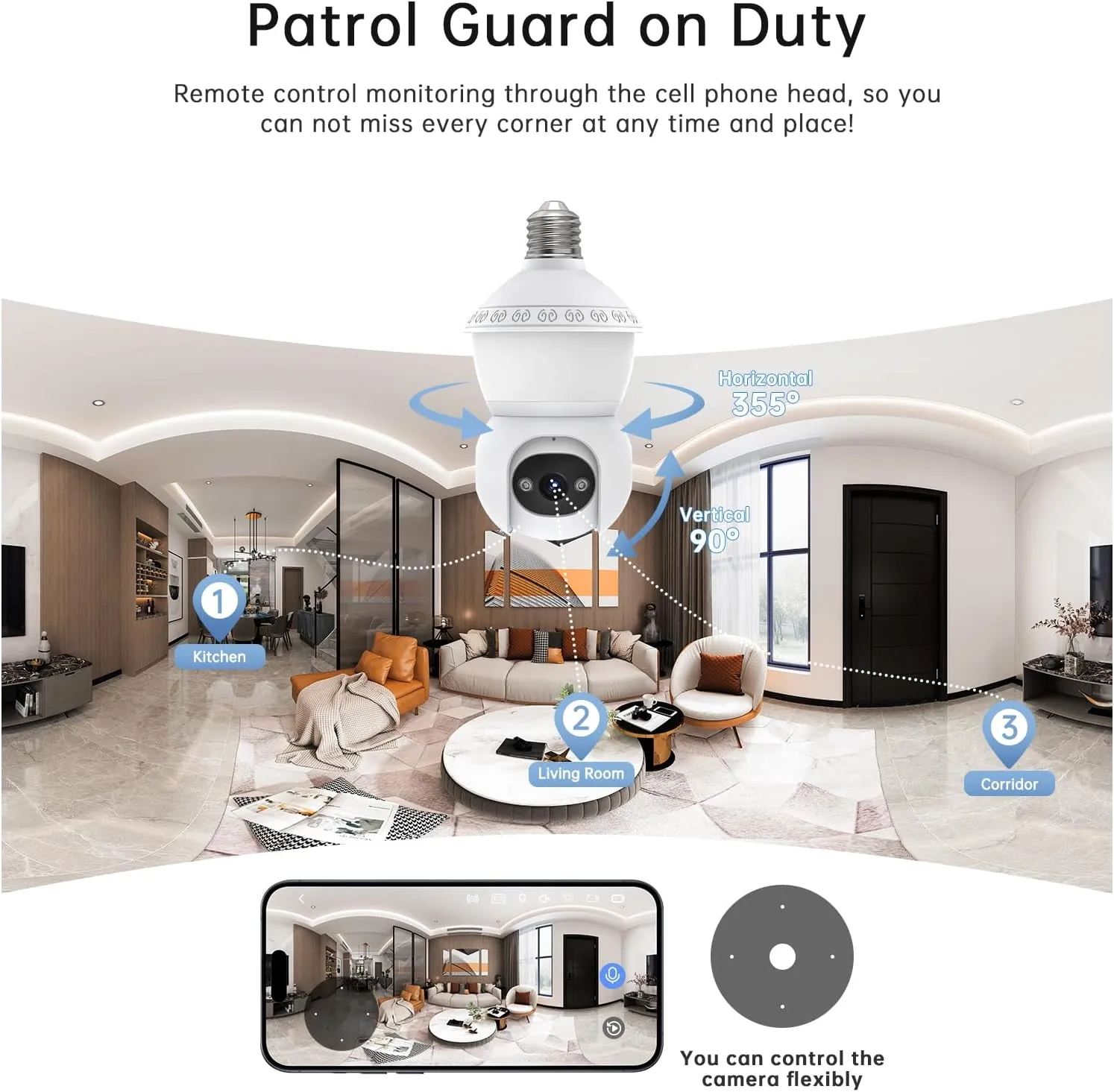 Light Bulb Security Camera Wireless Outdoor,5G& 2.4G WiFi Security Camera,3MP& 360 PTZ Bulb Camera,Smart Night Vision LED Bulb Cameras, AI Human Detection&Alarm, 2-Way Audio, Cloud Storage