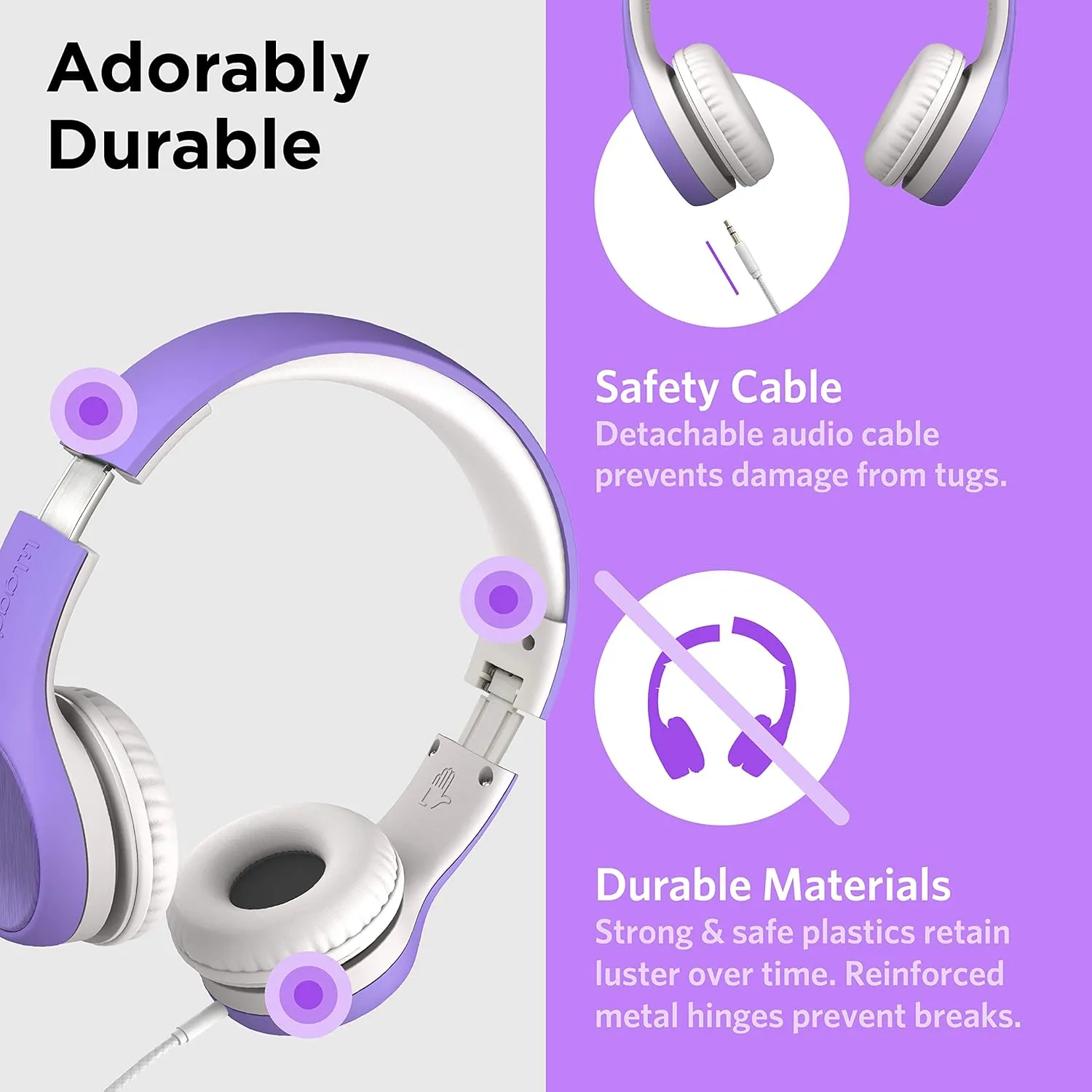 LilGadgets Connect  Style On-Ear Kids Headphones with Microphone - SharePort Technology, SoftTouch Padding, Detachable Cable, Noise Reduction, Durable & Adjustable - Purple Wired Headphones for Kids