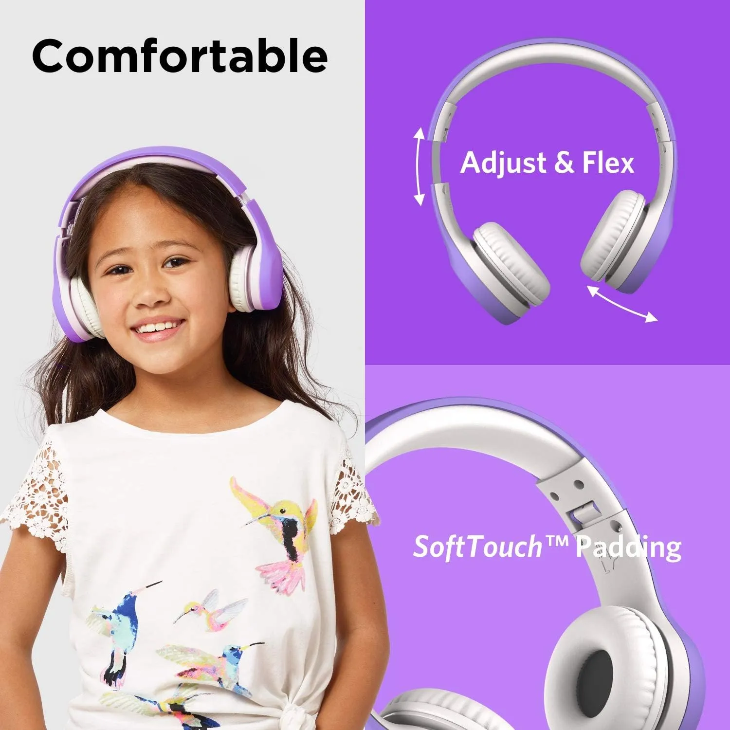 LilGadgets Connect  Style On-Ear Kids Headphones with Microphone - SharePort Technology, SoftTouch Padding, Detachable Cable, Noise Reduction, Durable & Adjustable - Purple Wired Headphones for Kids