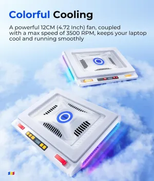 llano V10 Gaming Laptop Cooler, RGB Laptop Cooling Pad Stand with Powerful 4.72 Inch External Turbo Cooling Fan, Fast Cooling Computer 13-17.3inch, 3 Adjustable Stand, 4-Port USB C&A (White)
