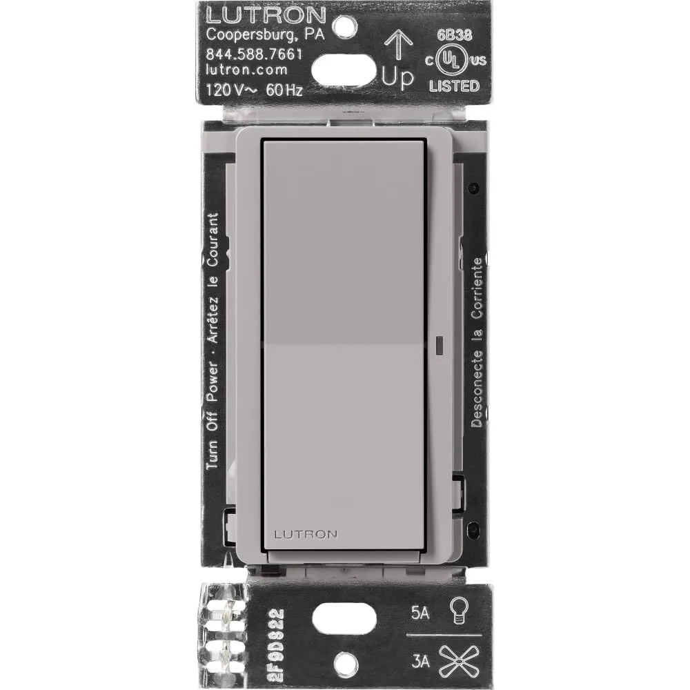 Lutron Claro Smart Switch for Caseta Smart Lighting (Lutron Smart Hub Required), for LED Lights and Fans, 5 Amp, Single-Pole/3-Way, Neutral Required, DVRF-5NS-GR, Gray
