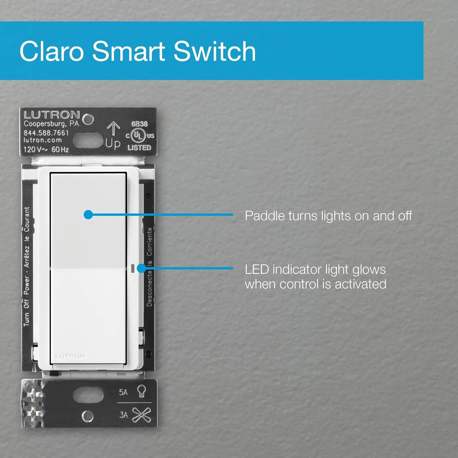 Lutron Claro Smart Switch for Caseta Smart Lighting (Lutron Smart Hub Required), for LED Lights and Fans, 5 Amp, Single-Pole/3-Way, Neutral Required, DVRF-5NS-LA, Light Almond