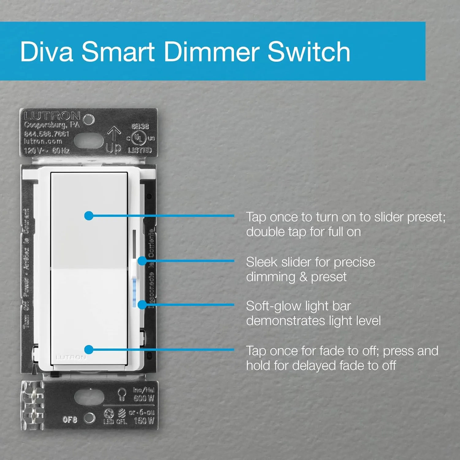 Lutron Diva Smart Dimmer Switch for Caseta Smart Lighting (Lutron Smart Hub Required), for LED Lights, 150 Watt, Single-Pole/3Way, No Neutral Required, DVRF-6L-BR, Brown