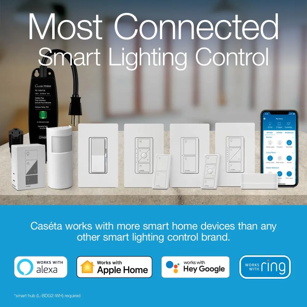 Lutron Diva Smart Dimmer Switch for Caseta Smart Lighting (Lutron Smart Hub Required), for LED Lights, 150 Watt, Single-Pole/3Way, No Neutral Required, DVRF-6L-BR, Brown