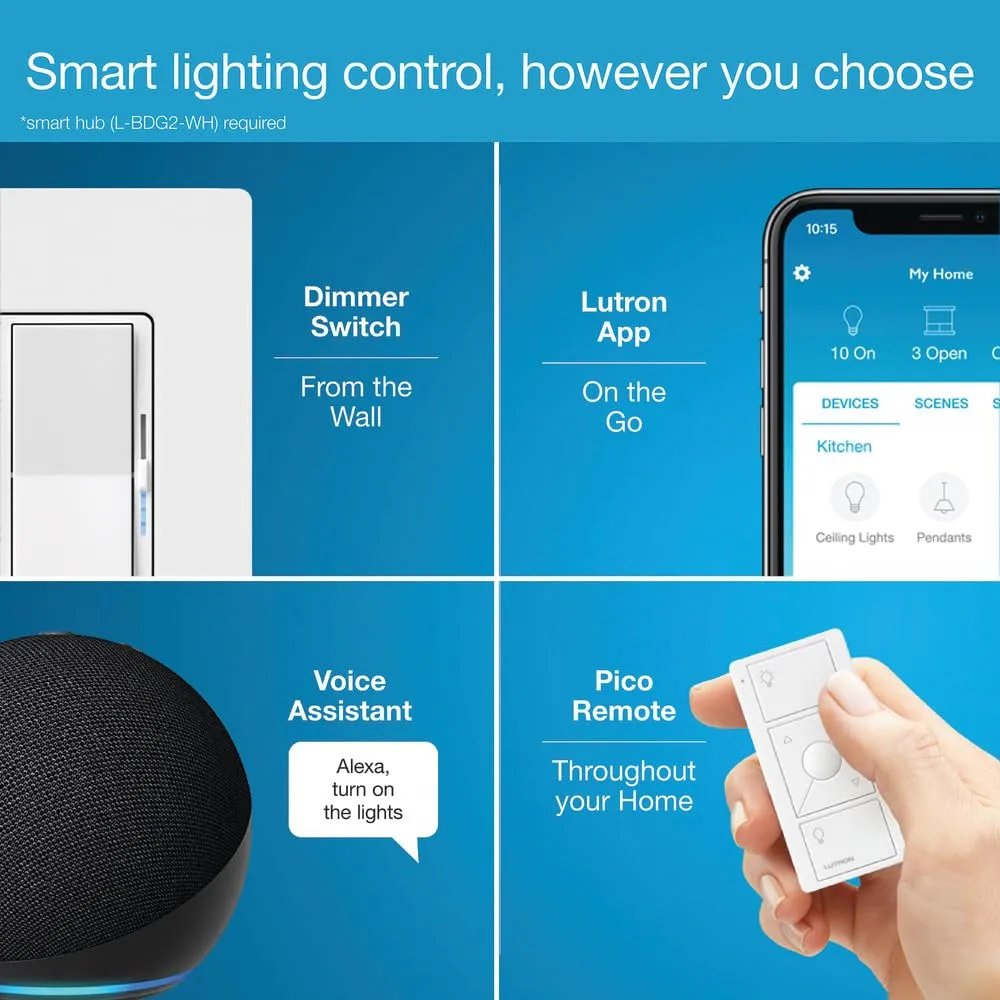 Lutron Diva Smart Dimmer Switch for Caseta Smart Lighting (Lutron Smart Hub Required), for LED Lights, 150 Watt, Single-Pole/3Way, No Neutral Required, DVRF-6L-BR, Brown