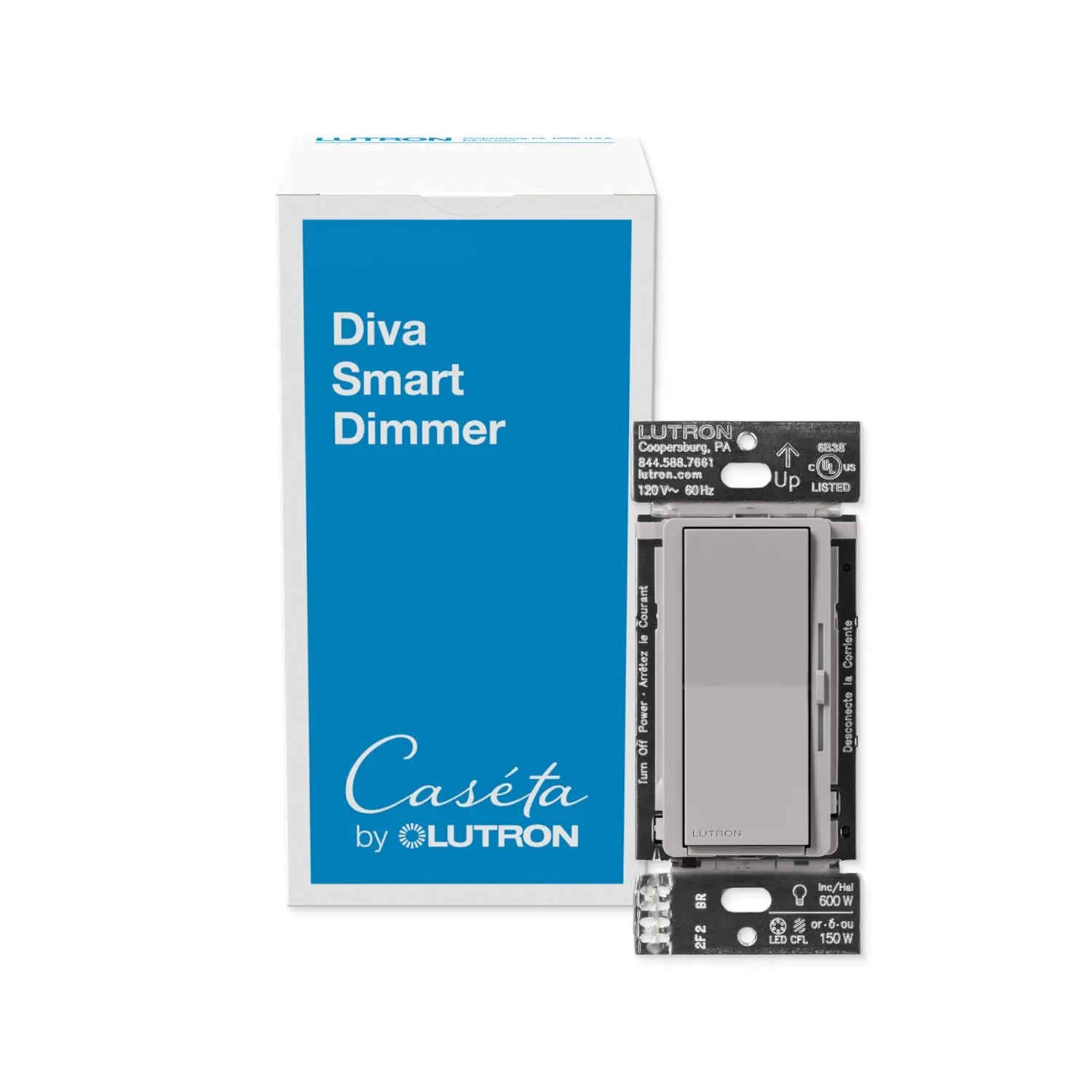 Lutron Diva Smart Dimmer Switch for Caseta Smart Lighting (Lutron Smart Hub Required), for LED Lights, 150 Watt, Single-Pole/3Way, No Neutral Required, DVRF-6L-GR, Gray