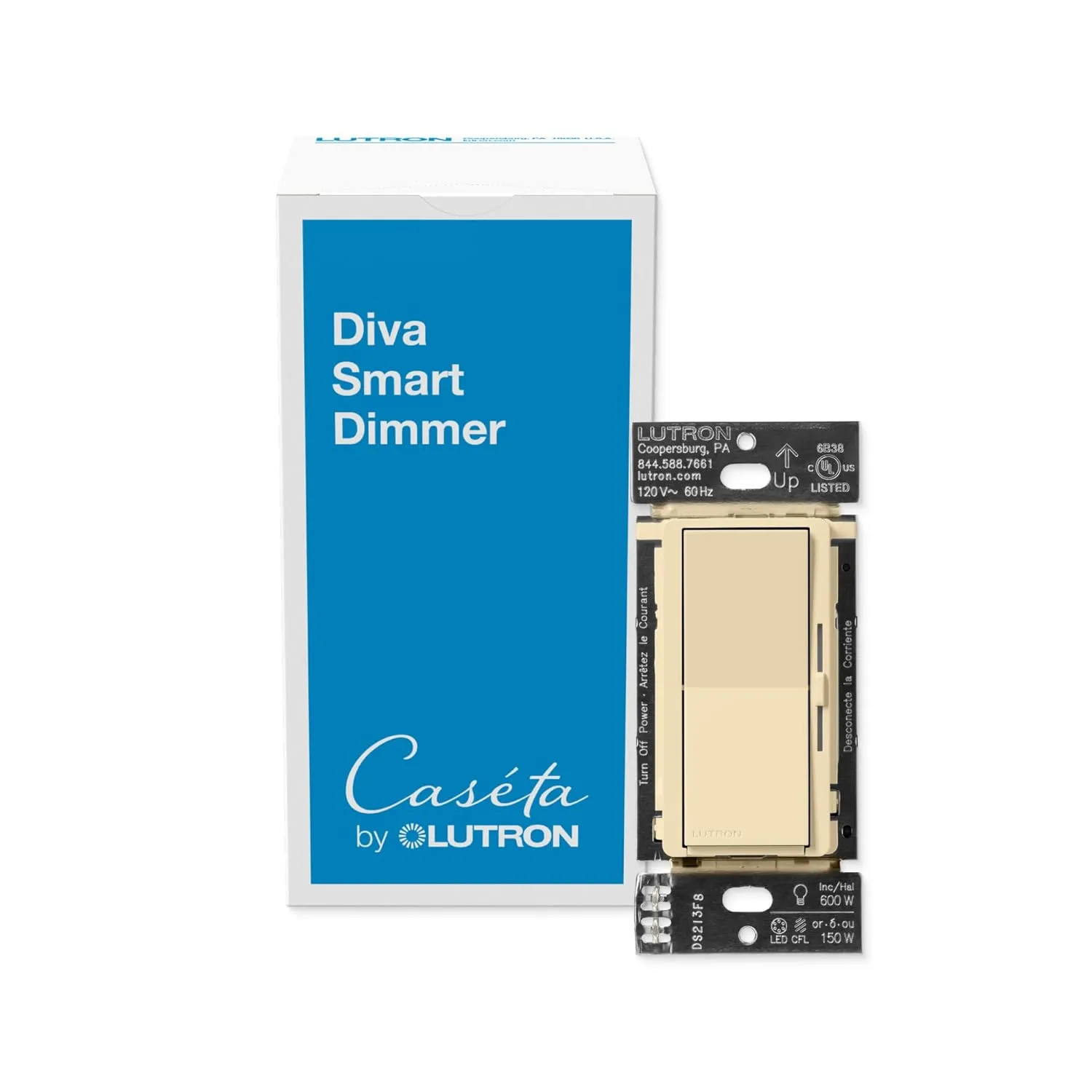 Lutron Diva Smart Dimmer Switch for Caseta Smart Lighting (Lutron Smart Hub Required), for LED Lights, 150 Watt, Single-Pole/3Way, No Neutral Required, DVRF-6L-IV, Ivory