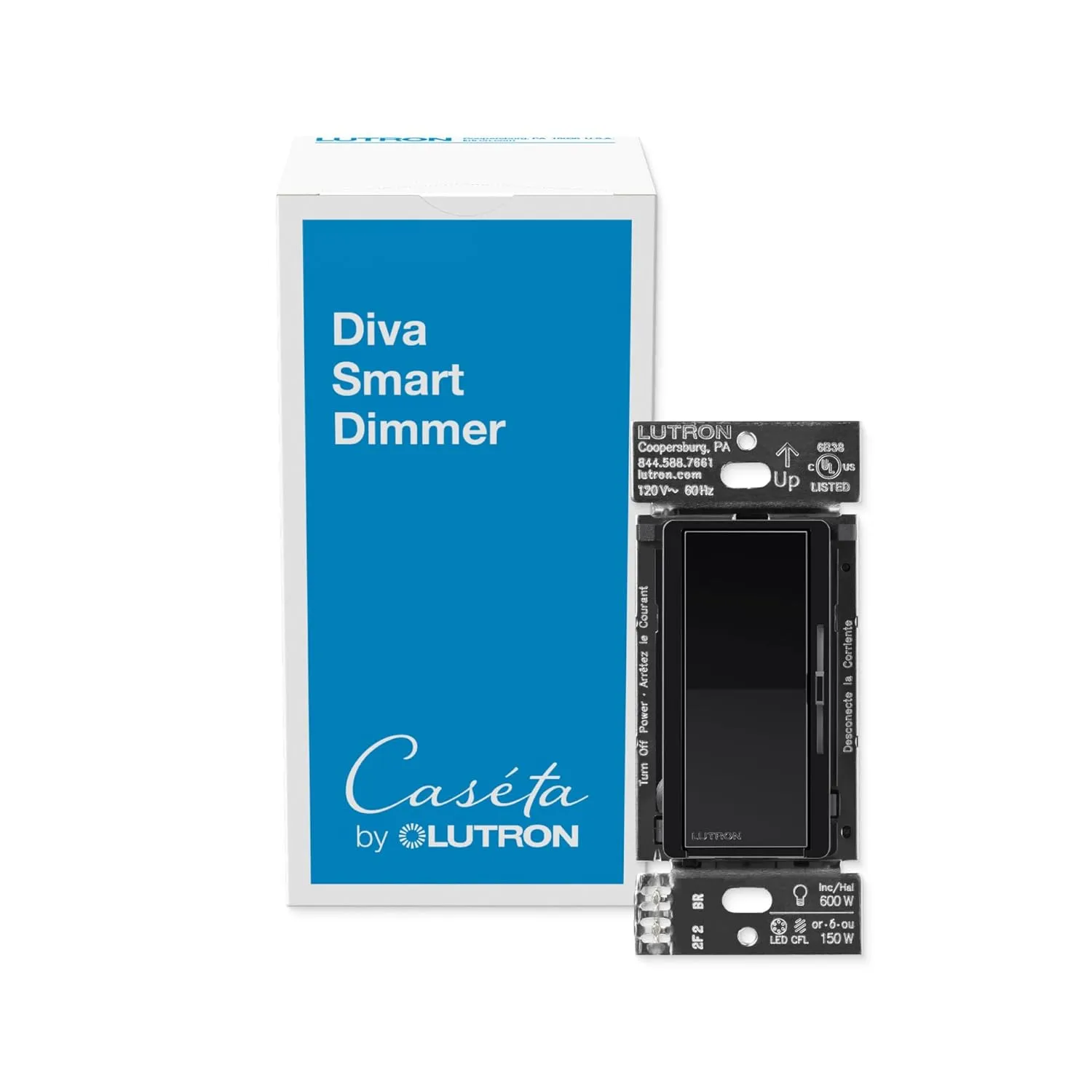 Lutron Diva Smart Dimmer Switch for Casta Smart Lighting | No Neutral Wire Required | DVRF-6L-BL | Black