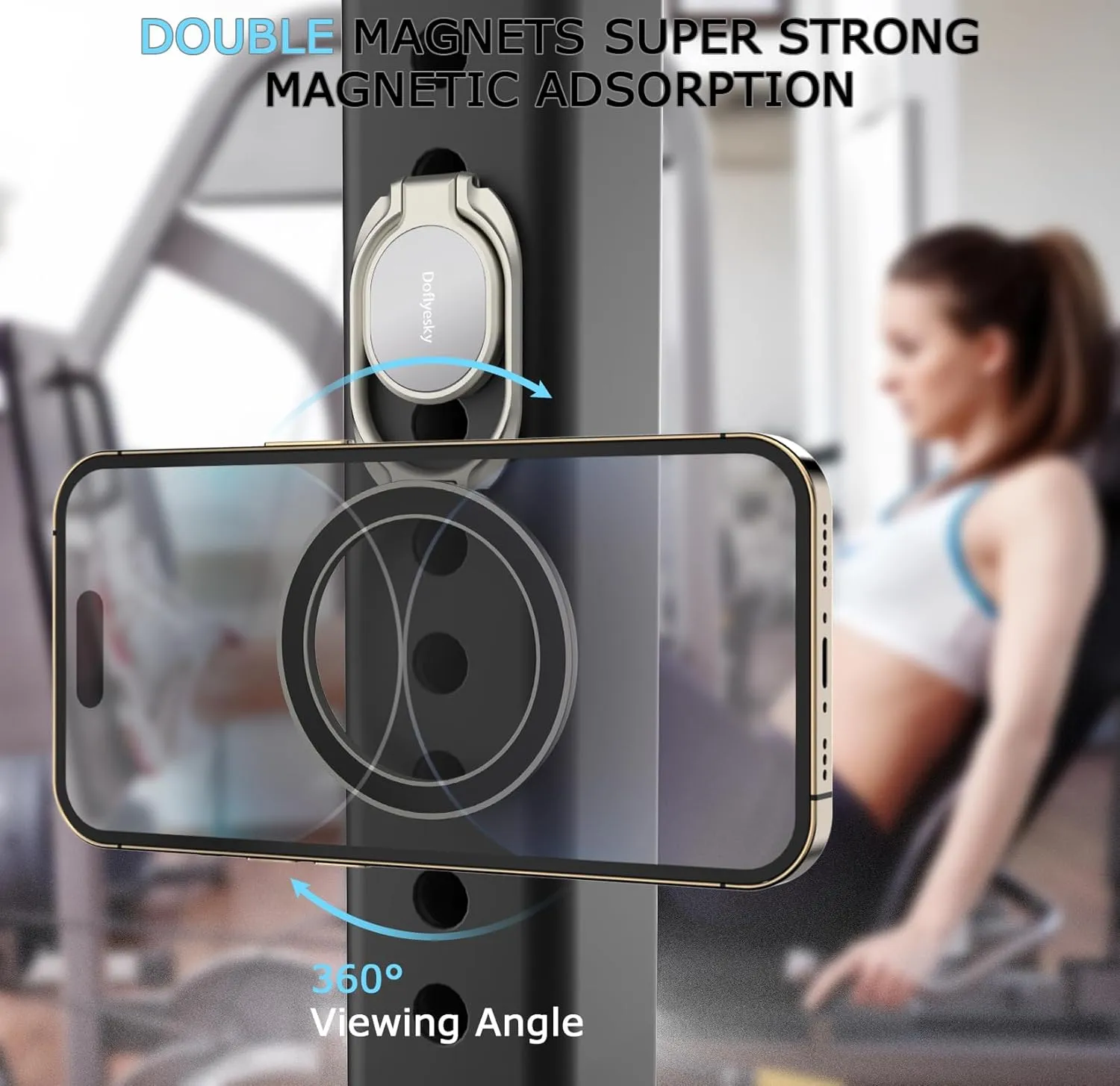 Magnetic Phone Ring Holder, Double Adjustable Gym Finger Ring Grip and Stand, Removable Phone Grip, for iPhone, iPad and Smartphones, Compatible with Magnetic Car Mount (Natural Titanium)