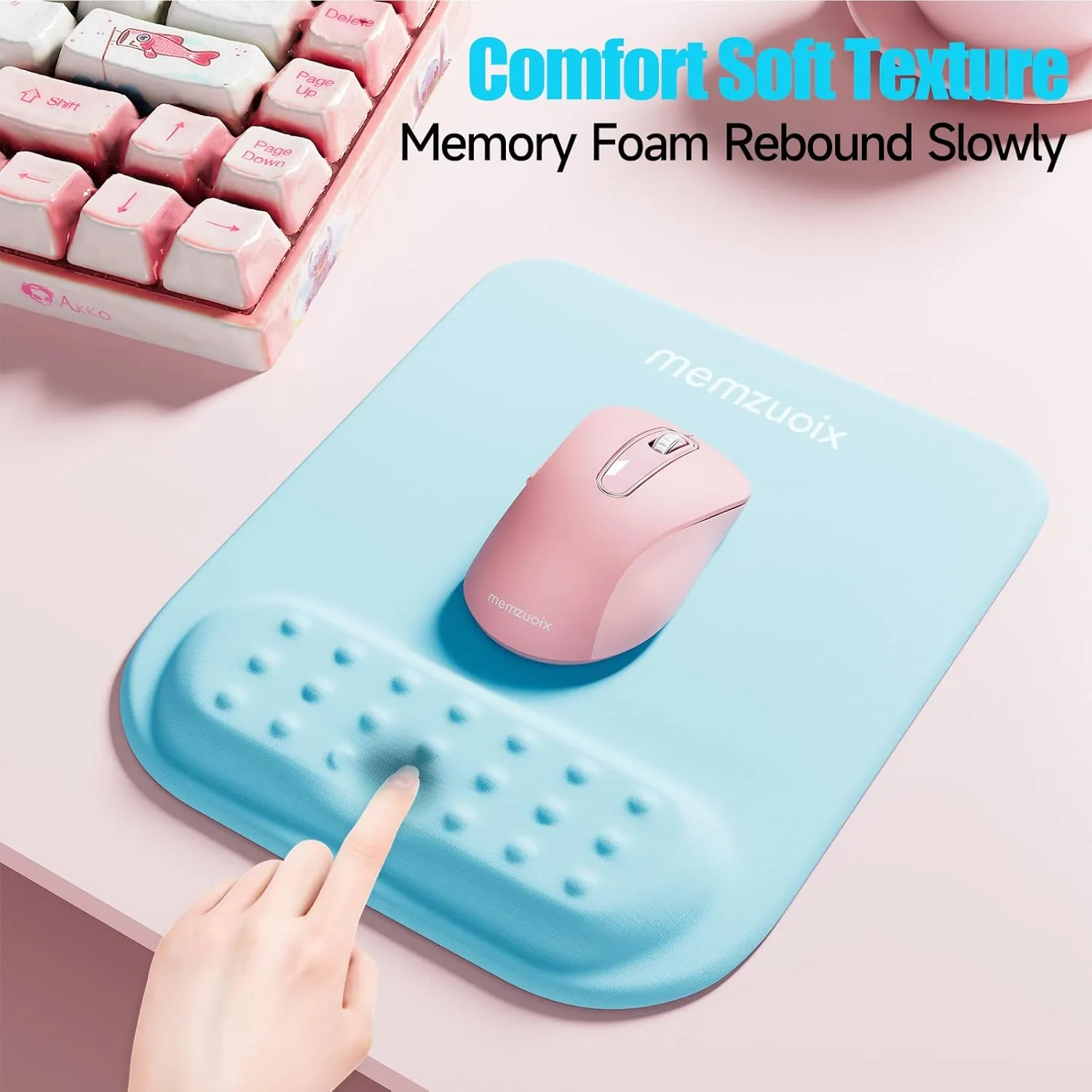 memzuoix Blue Ergonomic Mouse Pad with Wrist Rest Support,Premium Memory Foam Cushioning for Pain Relief, Non-Slip PU Base for Stable Smooth Control - Perfect for Laptop, Computer, and Home Office
