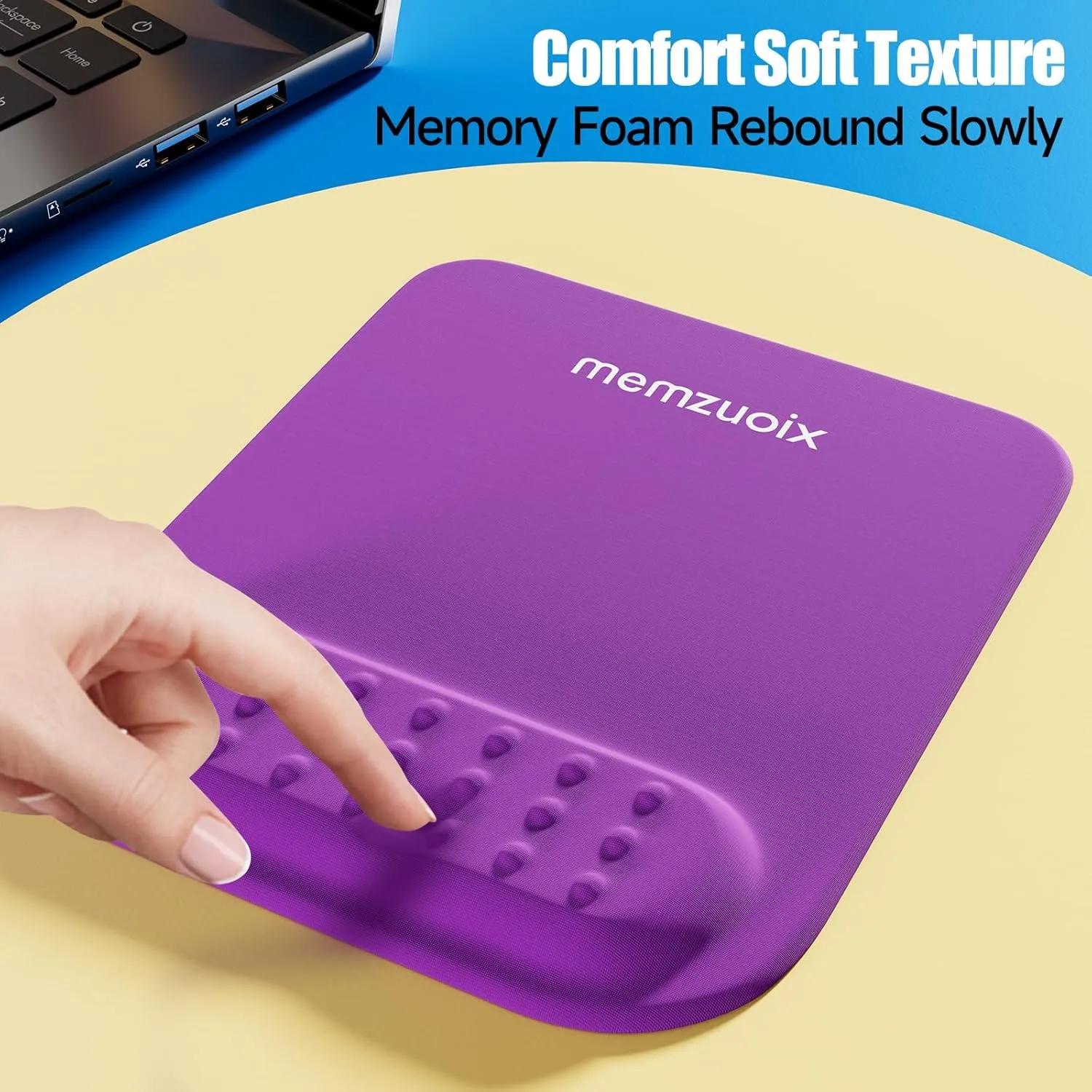 memzuoix Purple Ergonomic Mouse Pad with Wrist Rest Support,Premium Memory Foam Cushioning for Pain Relief, Non-Slip PU Base - Perfect for Laptop, Computer, and Home Office