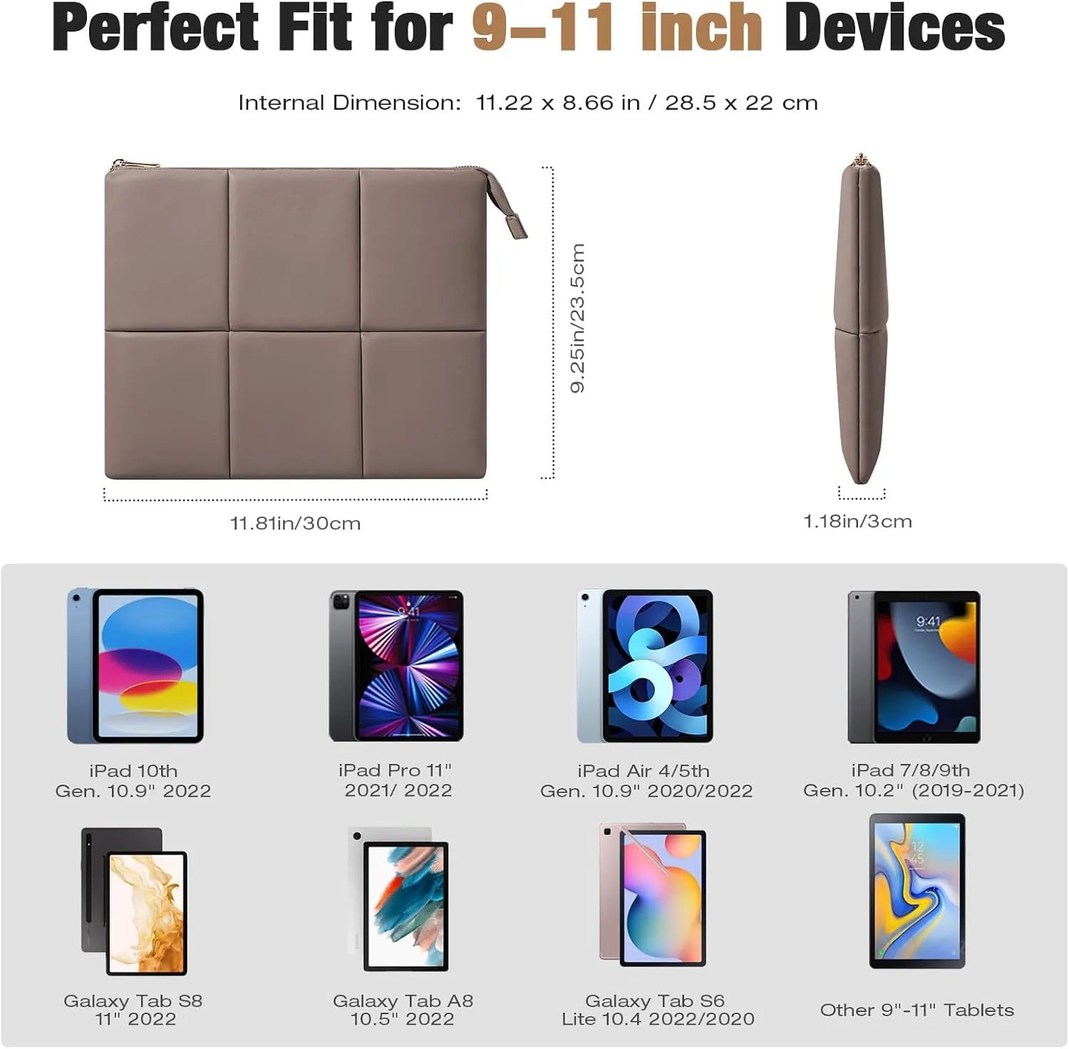 MoKo 9-11 Inch Puffy Tablet Sleeve Bag Fit with New 11-inch iPad Pro M4/iPad Air M2, iPad 10th Gen 10.9, iPad Pro 11, iPad Air 4/5th Gen 10.9, Built-in Elastic Band, PU Leather Carrying Case, Coffee