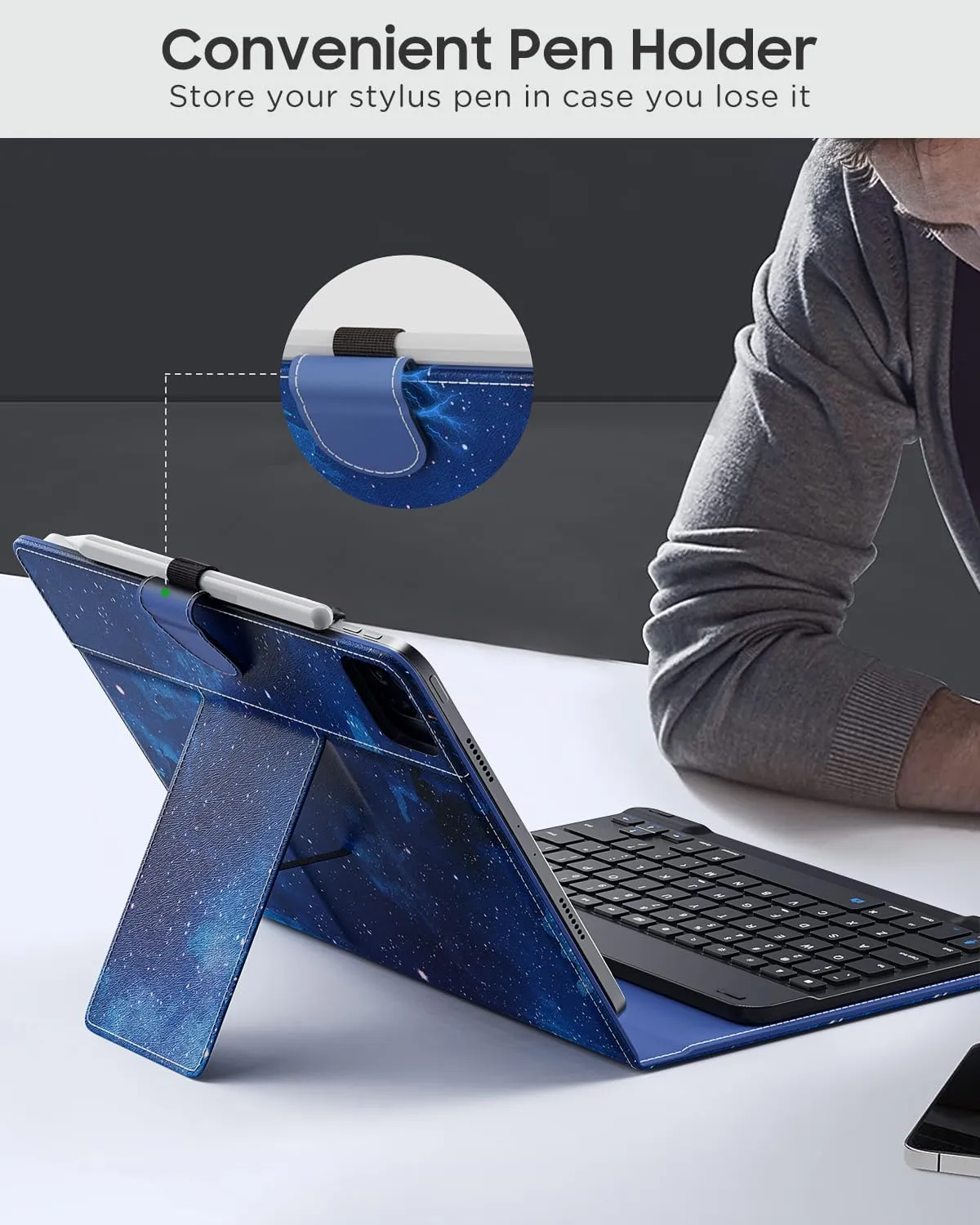 MoKo Universal Tablet Case with QWERT Keyboard for 9",9.7",10.1",10.2",10.4",10.5",10.9",11" Tablets, with Removable Wireless Bluetooth Keyboard&Pen Holder for iPad Samsung Fire Pixel, Blue Starry Sky