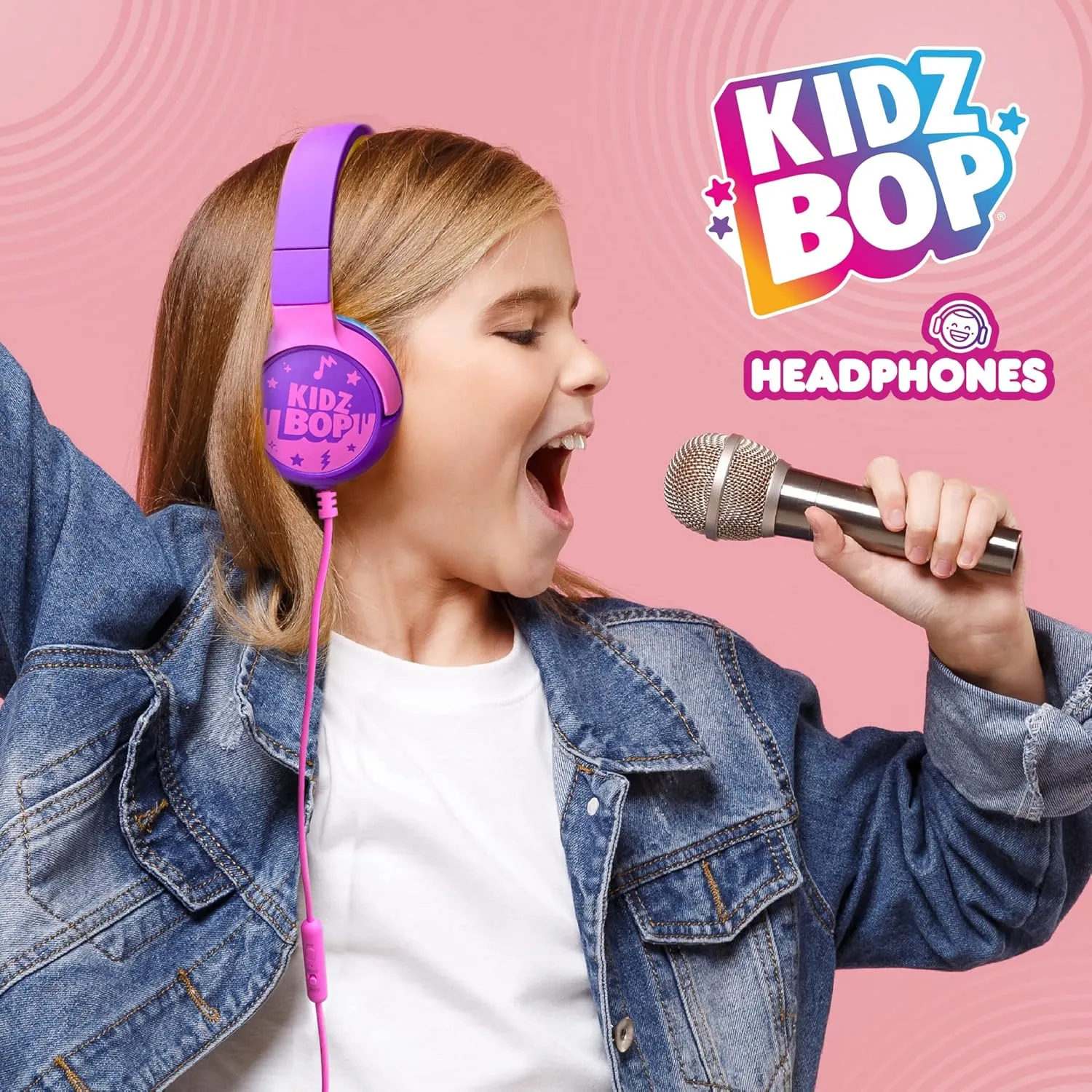Move2Play, Kidz Bop, Wired Headphones for Kids | Microphone | 3.5mm Plug | Volume Limiting 85dB/94dB | Soft Pads | Adjustable | School Use | Gift 3 4 5 6 7 8  Year Old Girls Boys Toddlers