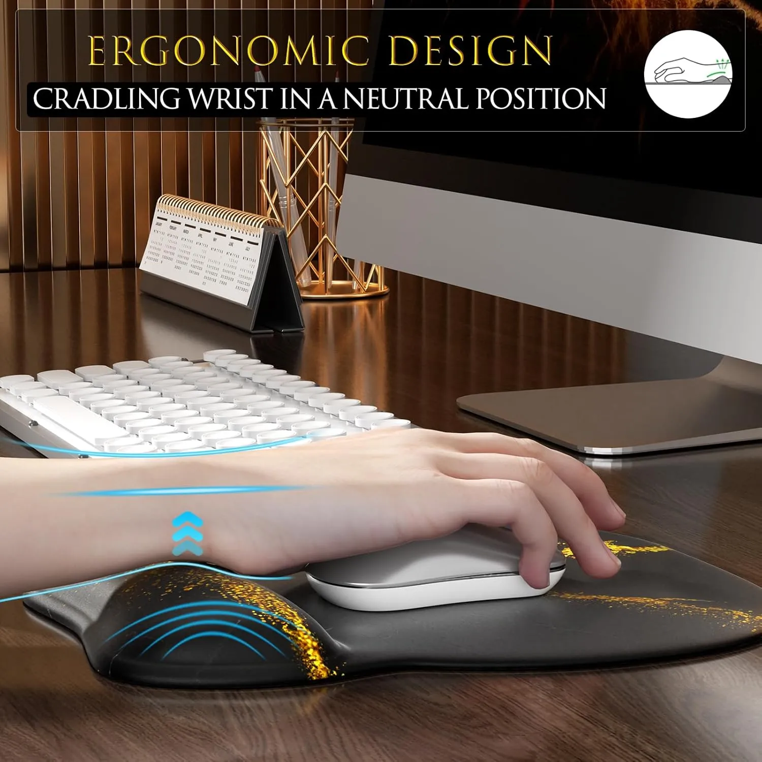 MROCO Ergonomic Mouse Pad with Gel Wrist Rest, Comfortable Mousepad with Smooth Wrist Support Surface and Non-Slip PU Base for Pain Relief, Computer, Laptop, Office & Home, 9.4 x 8.1 in, Black Gold