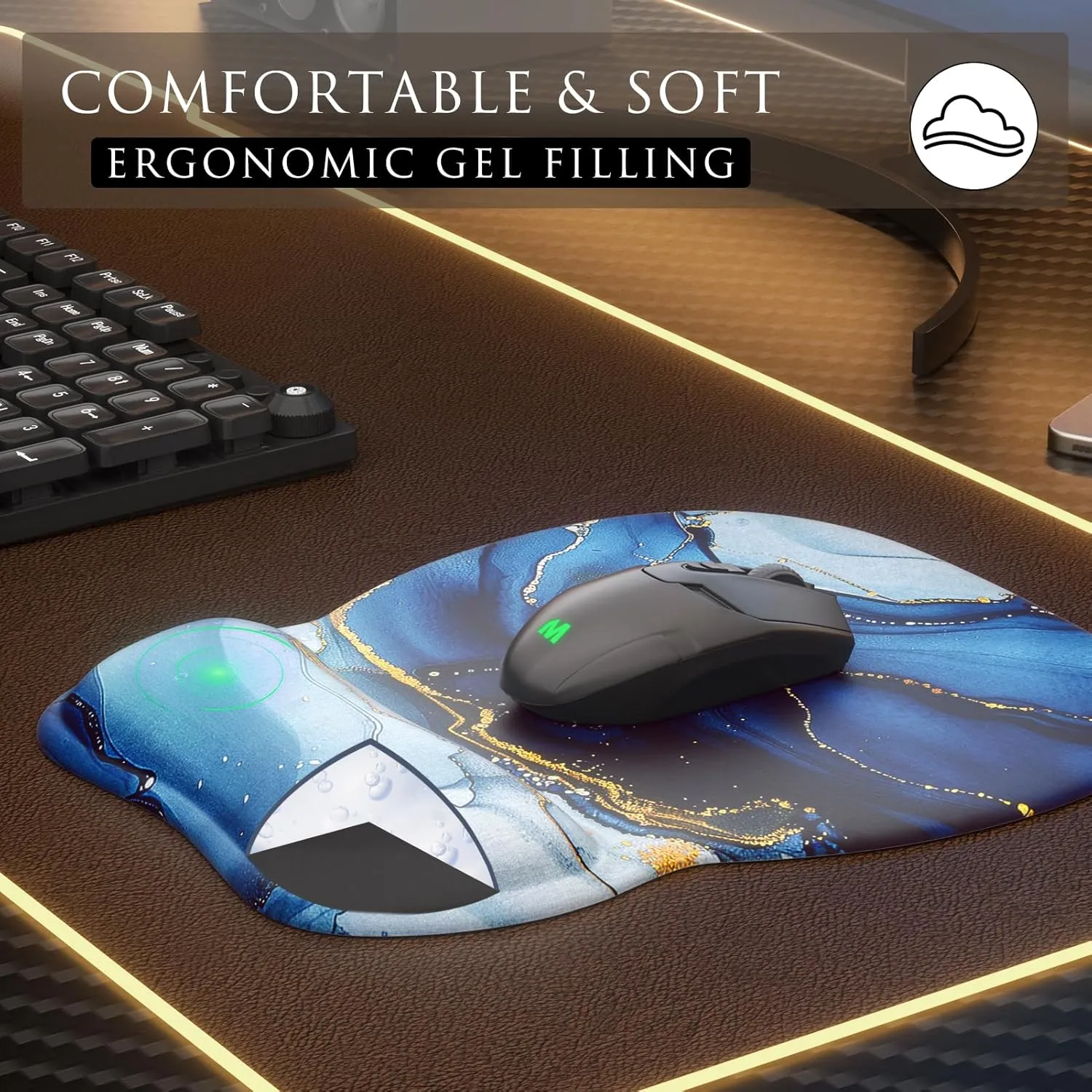 MROCO Ergonomic Mouse Pad with Gel Wrist Rest, Comfortable Mousepad with Smooth Wrist Support Surface and Non-Slip PU Base for Pain Relief, Computer, Laptop, Office & Home, 9.4 x 8.1 in, Blue Marble
