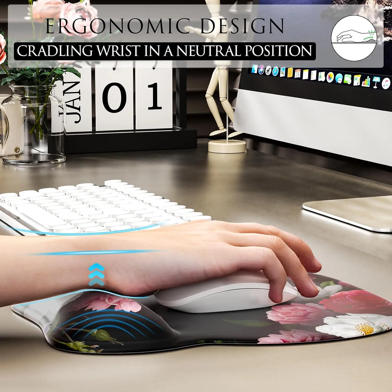 MROCO Ergonomic Mouse Pad with Wrist Support Gel Mouse Pad with Wrist Rest, Comfortable Computer Mouse Pad for Laptop, Pain Relief Mousepad for Office & Home, 9.4 x 8.1 in, Black Flower