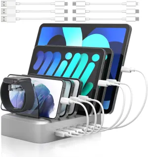 MSTJRY 90W 6-Port USB C Fast Charging Station for Multiple Devices, Multi PD Charger Station for iPhone iPad Tablet Phone, Charging Dock Organizer with Adjustable Dividers for Home Office Classroom