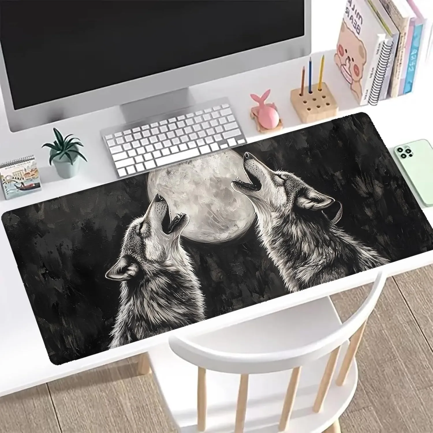 Mystical Wolf Gaming Mouse Pad, Office Desk Mat, Anti-Slip Rubber Base Cool Aesthetic Mouse Pads for Computer Laptop Keyboard School Home Desktop Gamer Home Accessories Decor 31.5" x 11.8"