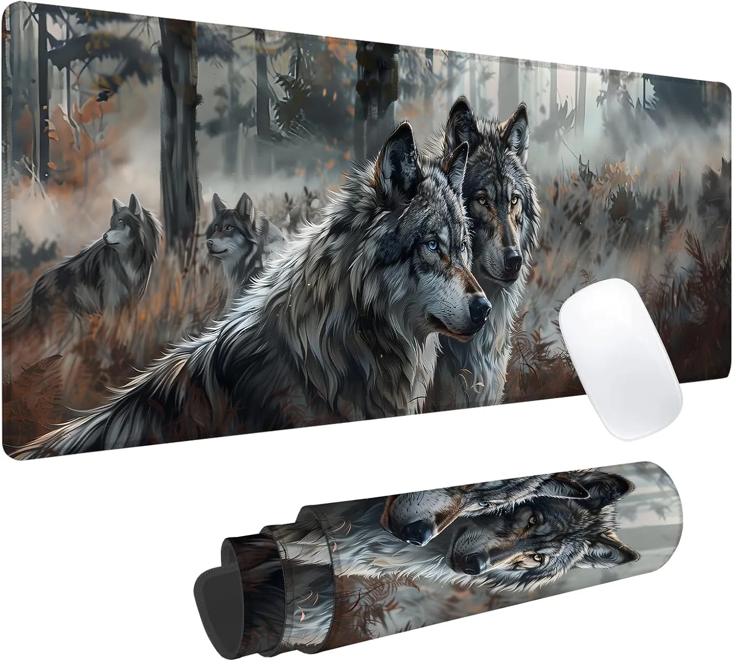 Mystical Wolf Gaming Mouse Pad, Office Desk Mat, Anti-Slip Rubber Base Cool Aesthetic Mouse Pads for Computer Laptop Keyboard School Home Desktop Gamer Home Accessories Decor 31.5" x 11.8"