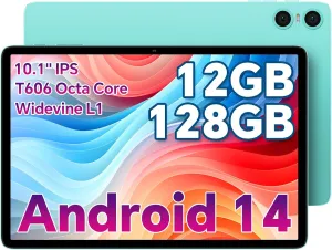 ODEA Android 14 Tablets, 10 Inch Tablet, A10 Tablet 12GB RAM 128GB ROM(TF 1TB), Unisoc T606 8 Core CPU, Widevine L1, 1280x800 IPS HD Touch Screen, 6000mAh, Dual Camera, BT 5.0, WiFi, Face Unlock