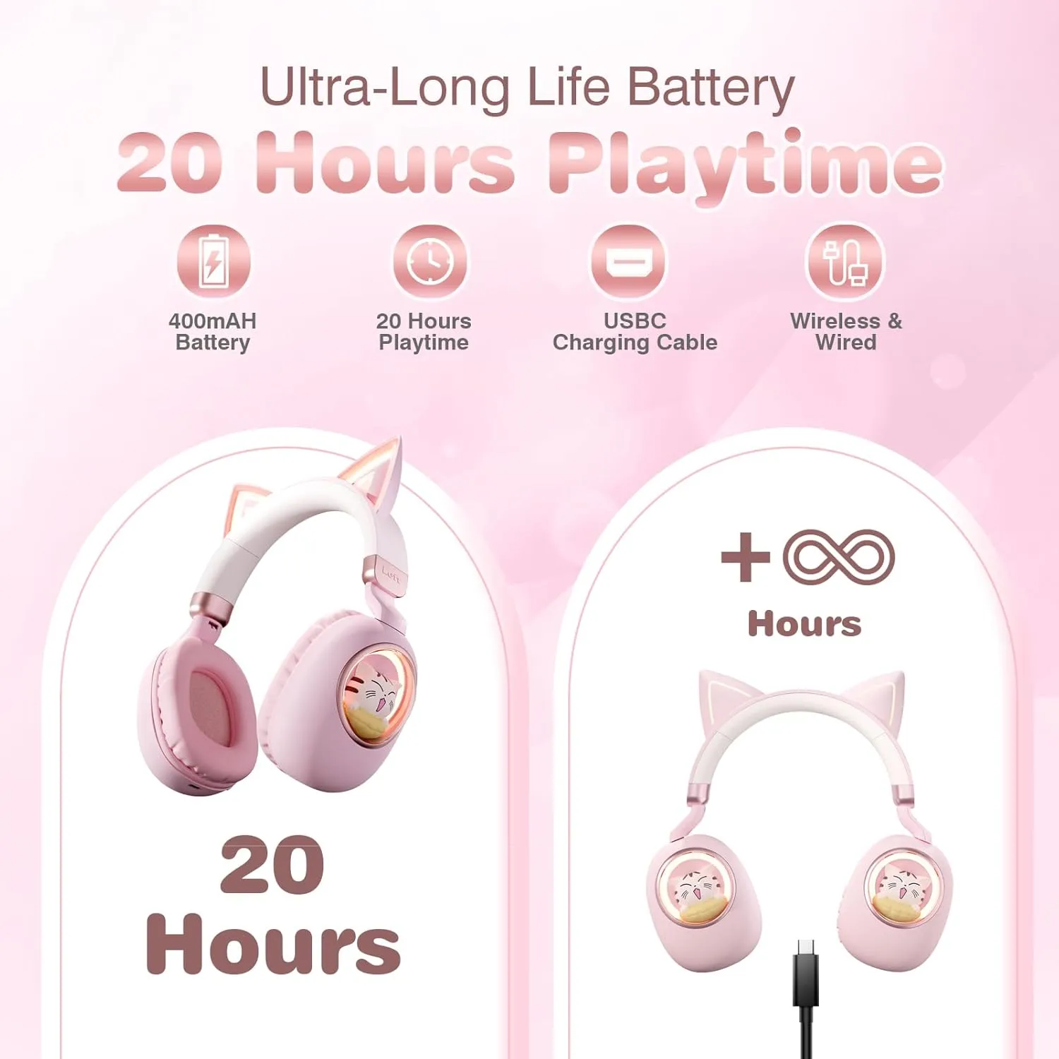 Pink Cat Ear Headphones for Kids, Cute Children Girl Wireless Bluetooth Headphones for School, Kindergarten Light up Kawaii Kitty Noise Cancelling Headphones for Kids Teens Child Airplane