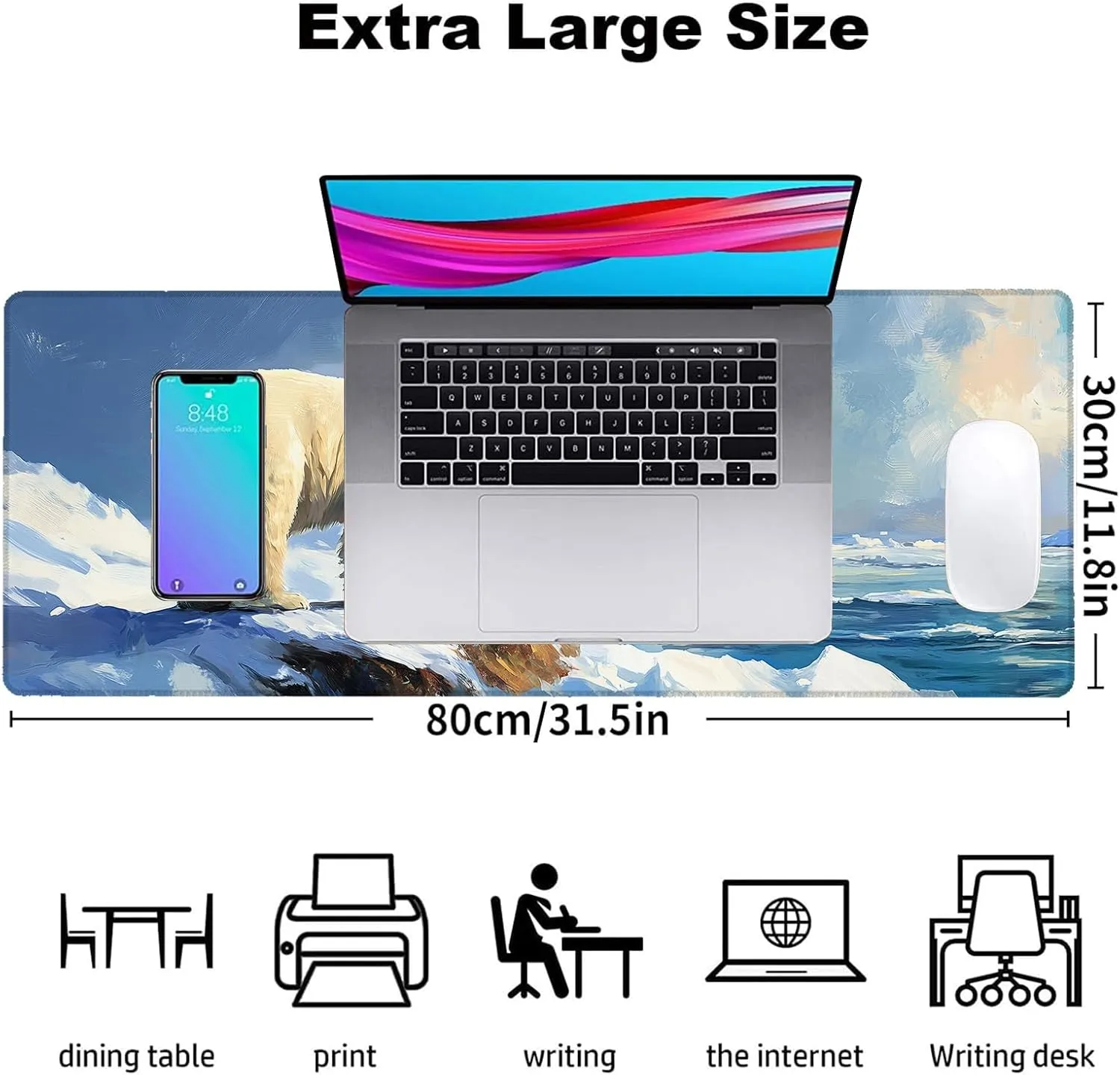 Polar Bear Gaming Mouse Pad, Office Desk Mat, Anti-Slip Rubber Base Cool Aesthetic Mouse Pads for Computer Laptop Keyboard School Home Desktop Gamer Home Accessories Decor 31.5" x 11.8"