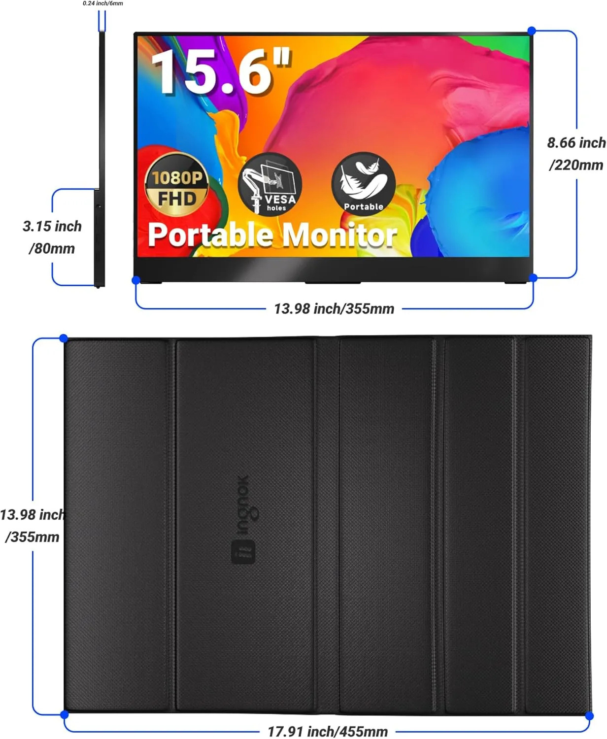 Portable Monitor, 15.6" FHD 1080P IPS External Laptop Monitor with USB C HDMI, Portable Screen for Laptop Mac PC Phone PS5 Switch,Built-in Speakers & Smart Cover