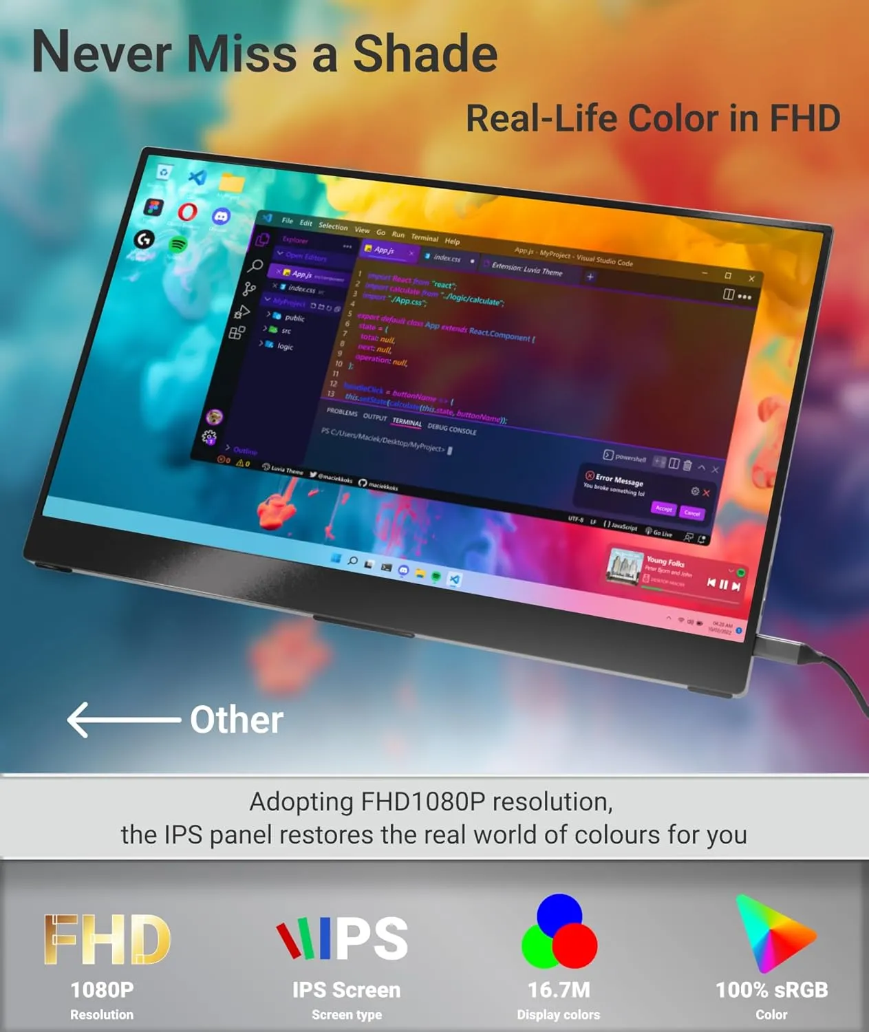 Portable Monitor, 15.6" FHD 1080P IPS External Laptop Monitor with USB C HDMI, Portable Screen for Laptop Mac PC Phone PS5 Switch,Built-in Speakers & Smart Cover