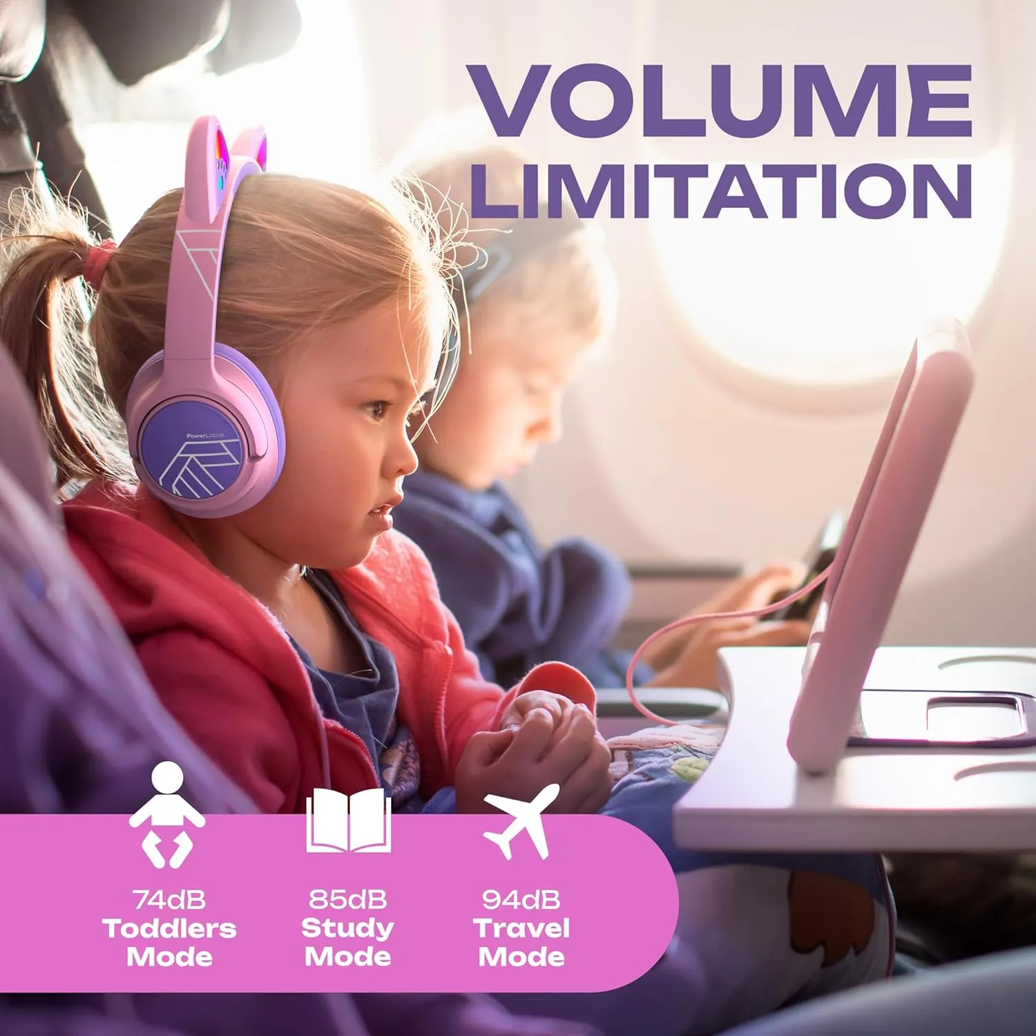 PowerLocus Kids Wireless Headphones, Bluetooth Kids Headphones LED Lights Over Ear with 74/85/94dB Volume Limited, 45H Playtime,Built-in Mic, Two Device Share Mode, HD Stereo for Travel/PC/Tablet