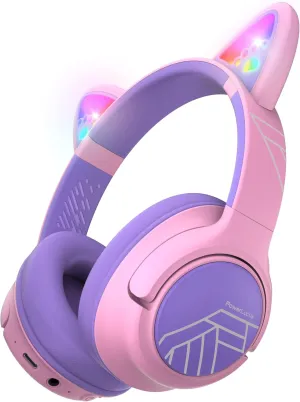 PowerLocus Kids Wireless Headphones, Bluetooth Kids Headphones LED Lights Over Ear with 74/85/94dB Volume Limited, 45H Playtime,Built-in Mic, Two Device Share Mode, HD Stereo for Travel/PC/Tablet