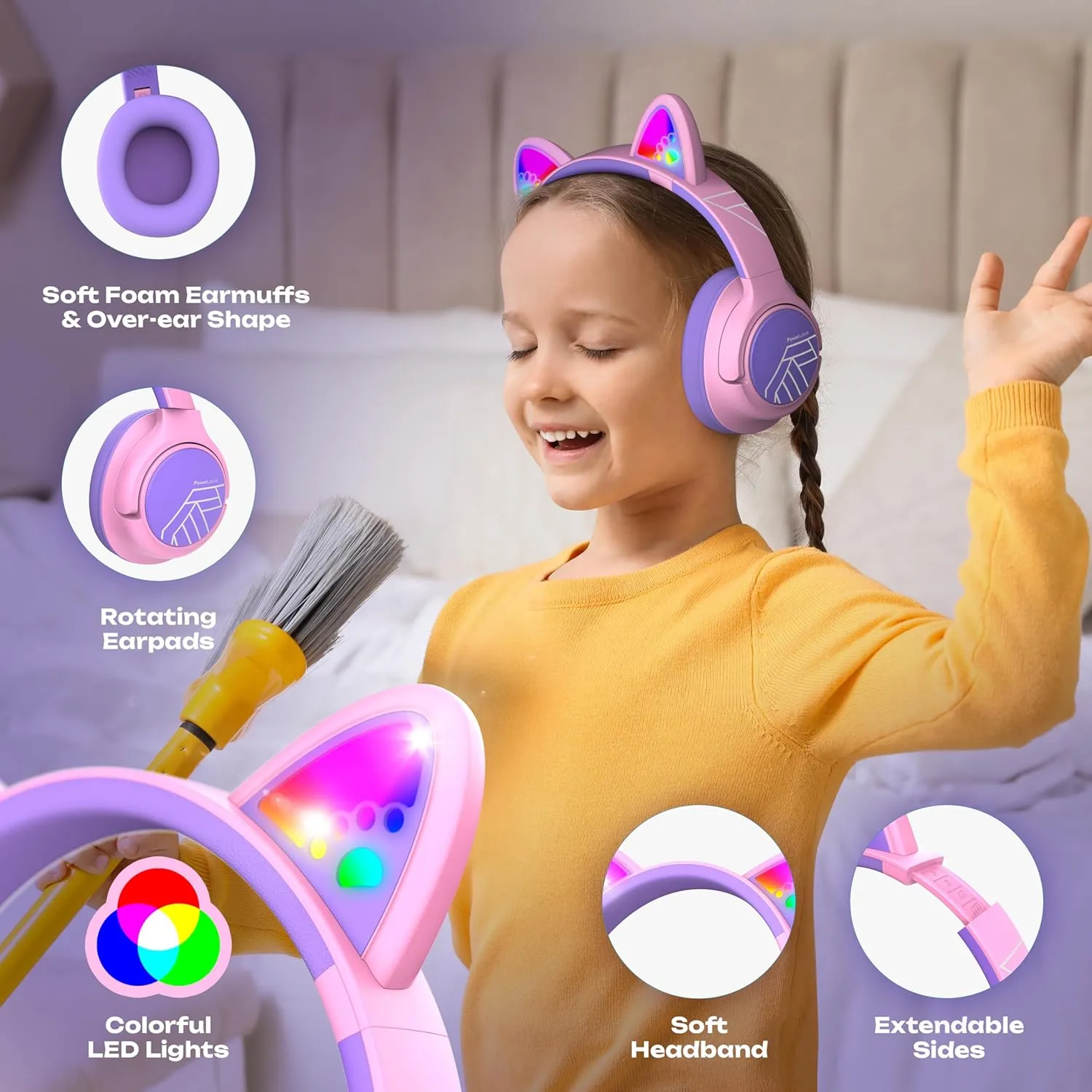 PowerLocus Kids Wireless Headphones, Bluetooth Kids Headphones LED Lights Over Ear with 74/85/94dB Volume Limited, 45H Playtime,Built-in Mic, Two Device Share Mode, HD Stereo for Travel/PC/Tablet