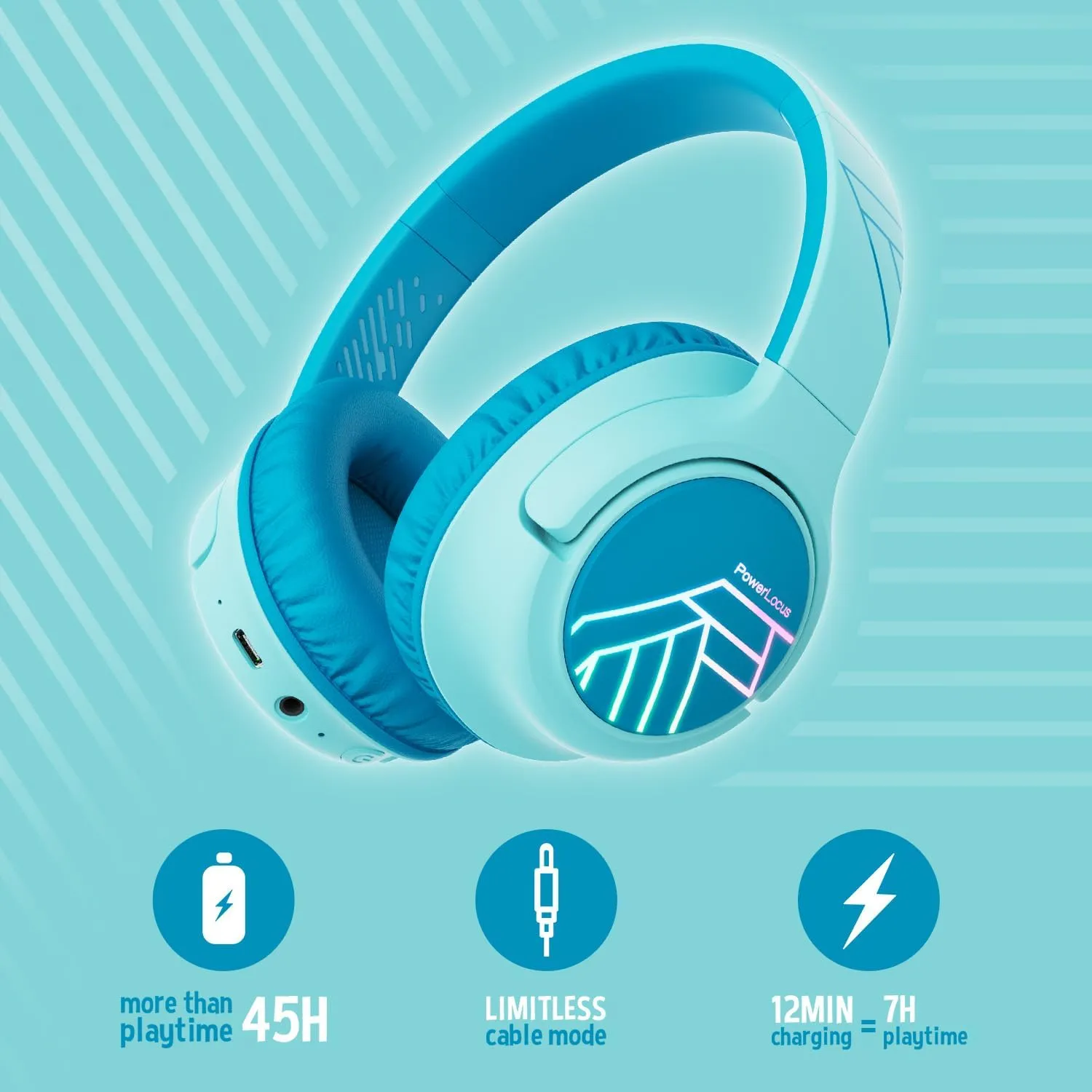 PowerLocus Kids Wireless Headphones, Bluetooth Kids Headphones LED Lights Over Ear with 74/85/94dB Volume Limited, 45H Playtime,Built-in Mic, Two Device Share Mode, HD Stereo for Travel/PC/Tablet
