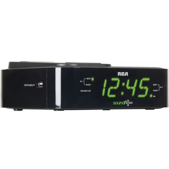 RCA Clock Radio with Soundflow Wireless Audio Speaker and USB Charging