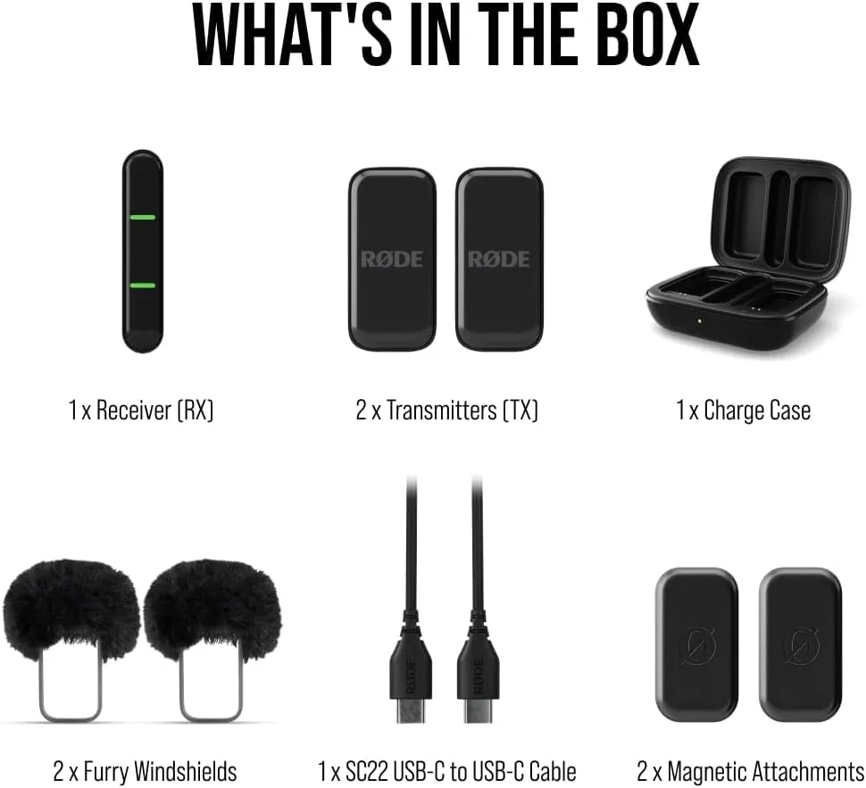 RDE Wireless Micro - Compact Wireless Microphone, Two Mics with Charge Case for Smartphone Content Creation - USB-C, Black