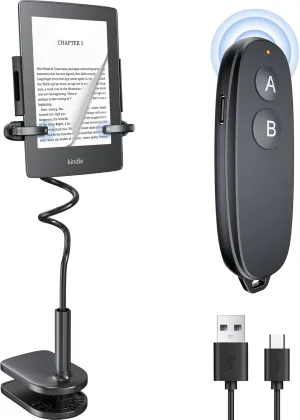 RF Remote Control Page Turner with Kindle Stand, Wireless Page Turner, USB-C Rechargeable Fingerprint-Resistant Clips for Kindle & Kobo, Portable eBook Reader Accessory
