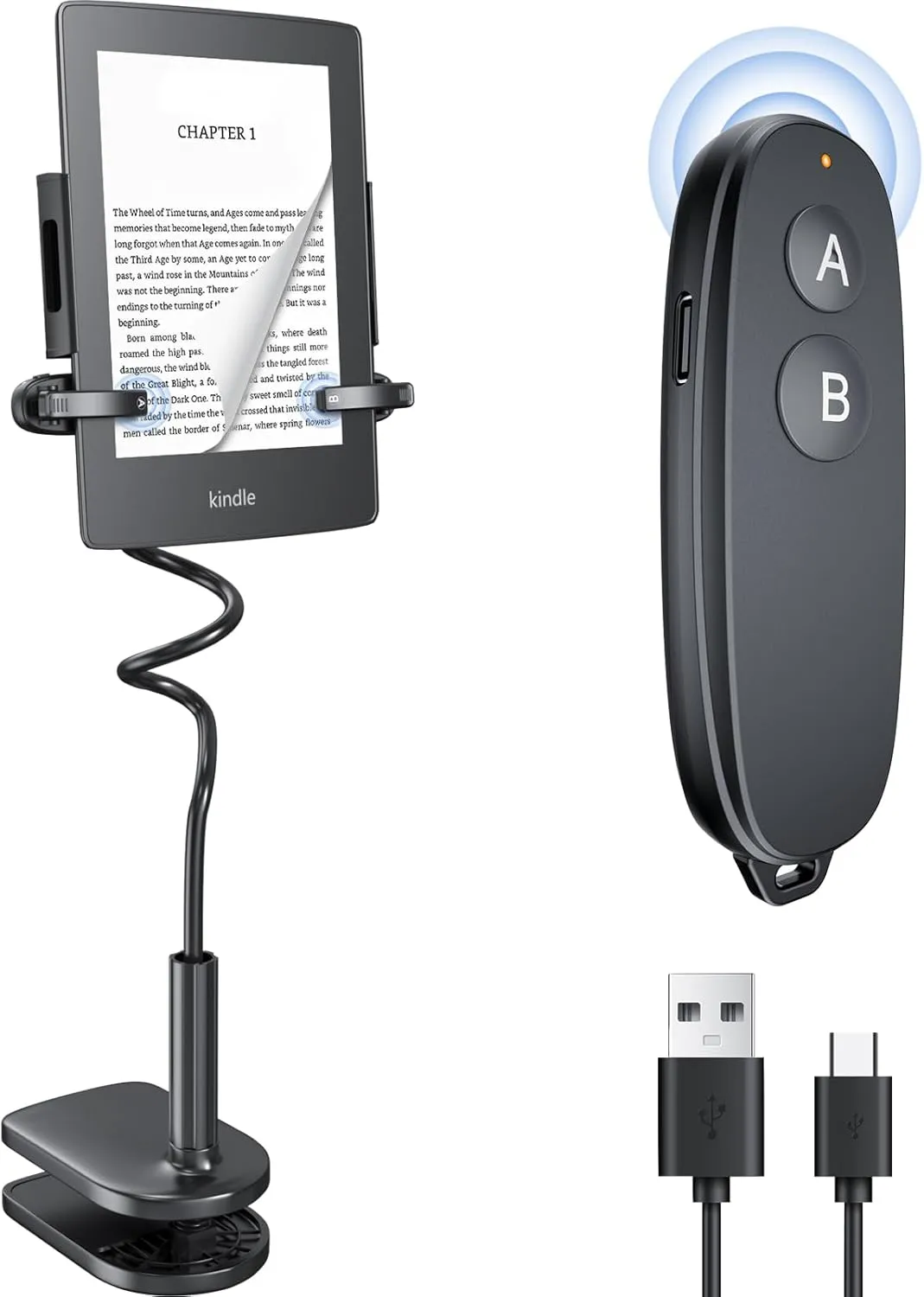 RF Remote Control Page Turner with Kindle Stand, Wireless Page Turner, USB-C Rechargeable Fingerprint-Resistant Clips for Kindle & Kobo, Portable eBook Reader Accessory